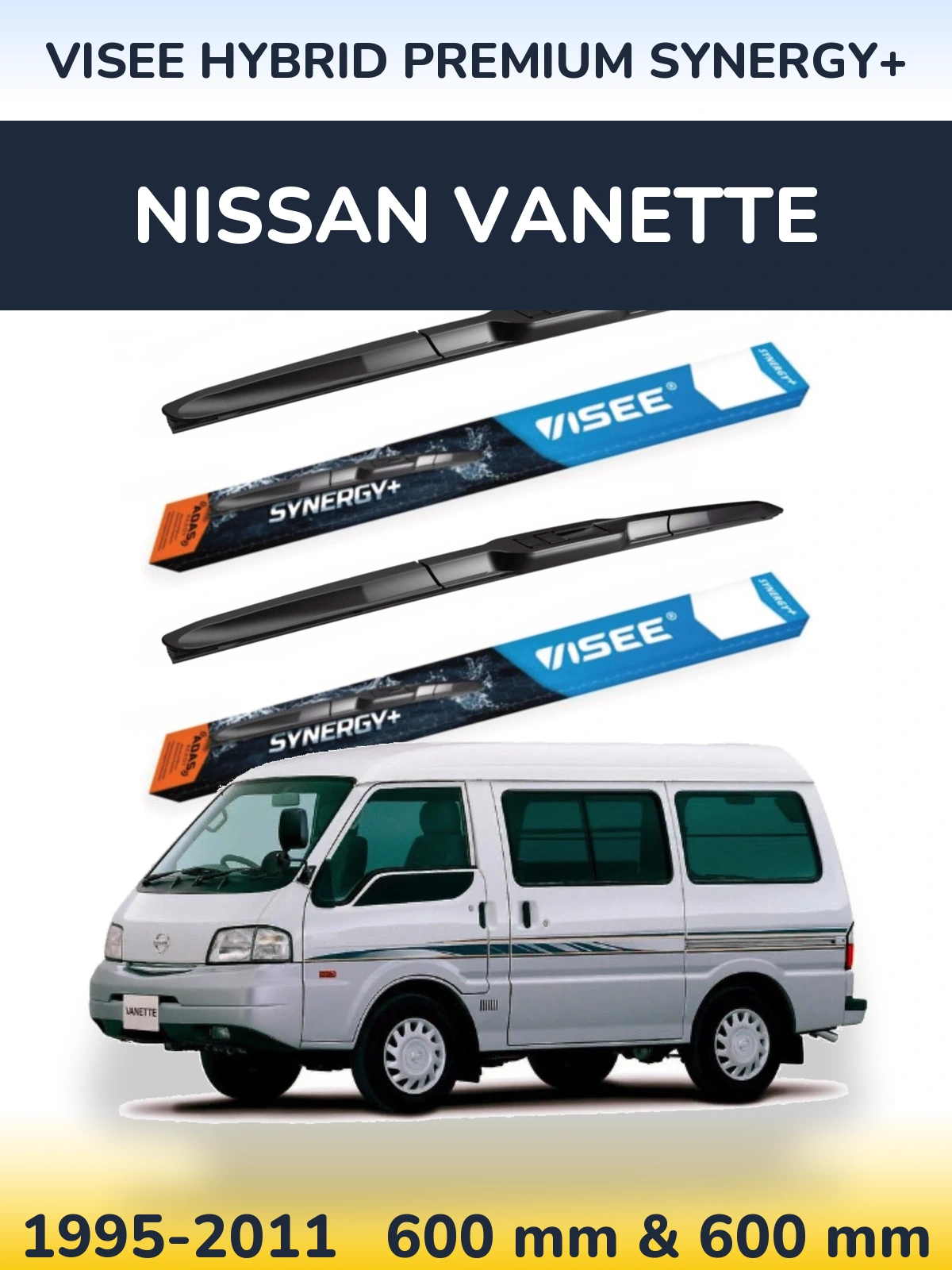 Front wiper blade set VISEE HYBRID PREMIUM SYNERGY+ 600 & 600 mm for Nissan Vanette 1995-2011