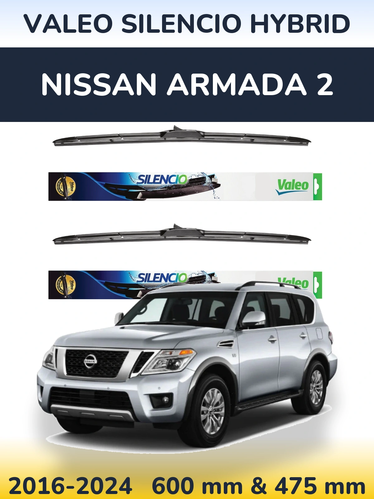 Комплект передних дворников Valeo Silencio Hybrid 600 & 475 мм для Nissan Armada 2 2016-2024