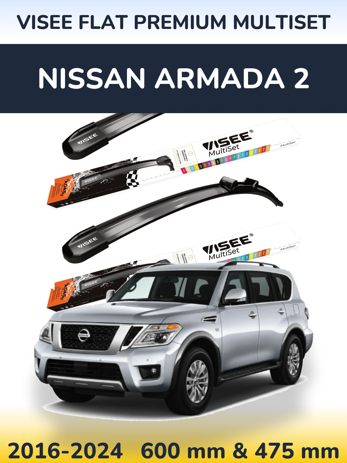 Front wiper blade set VISEE FLAT PREMIUM MultiSet 600 & 475 mm for Nissan Armada 2 2016-2024