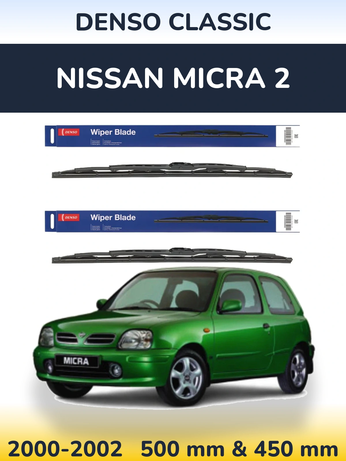 Front wiper blade set Denso Classic 500 & 450 mm for Nissan Micra 2 2000-2002