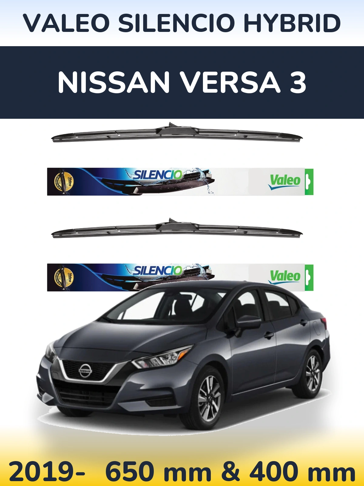 Front wiper blade set Valeo Silencio Hybrid 650 & 400 mm for Nissan Versa 3 2019-2026