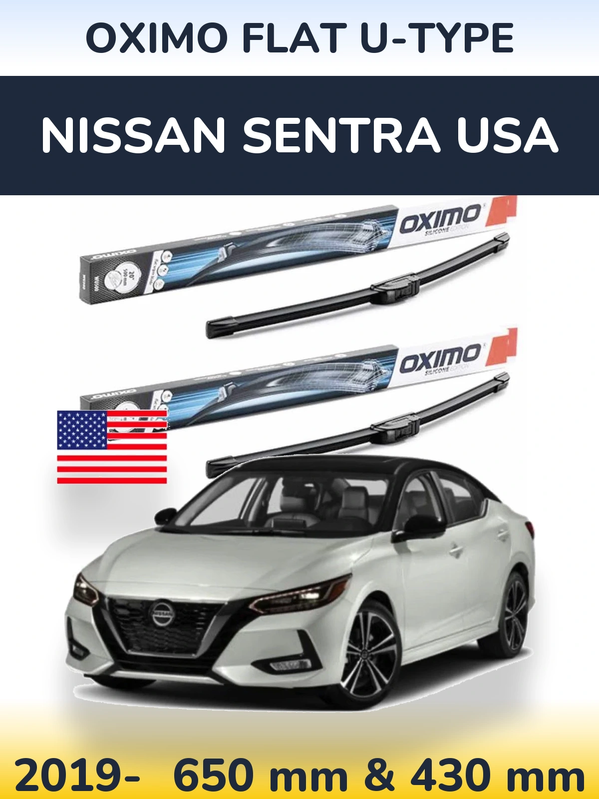 Комплект передніх щіток Oximo Flat U-type 650 & 430 мм для Nissan Sentra USA 2019-2026