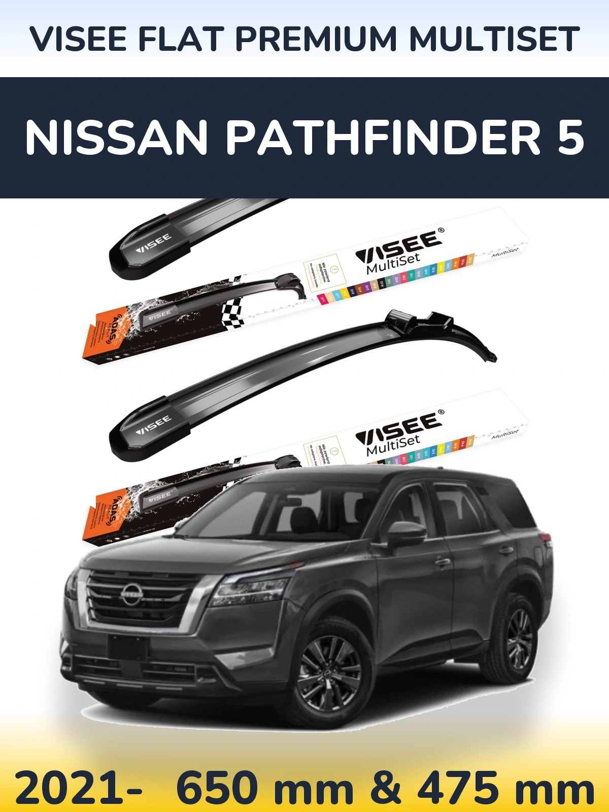 Front wiper blade set VISEE FLAT PREMIUM MultiSet 650 & 475 mm for Nissan Pathfinder 5 2021-2026