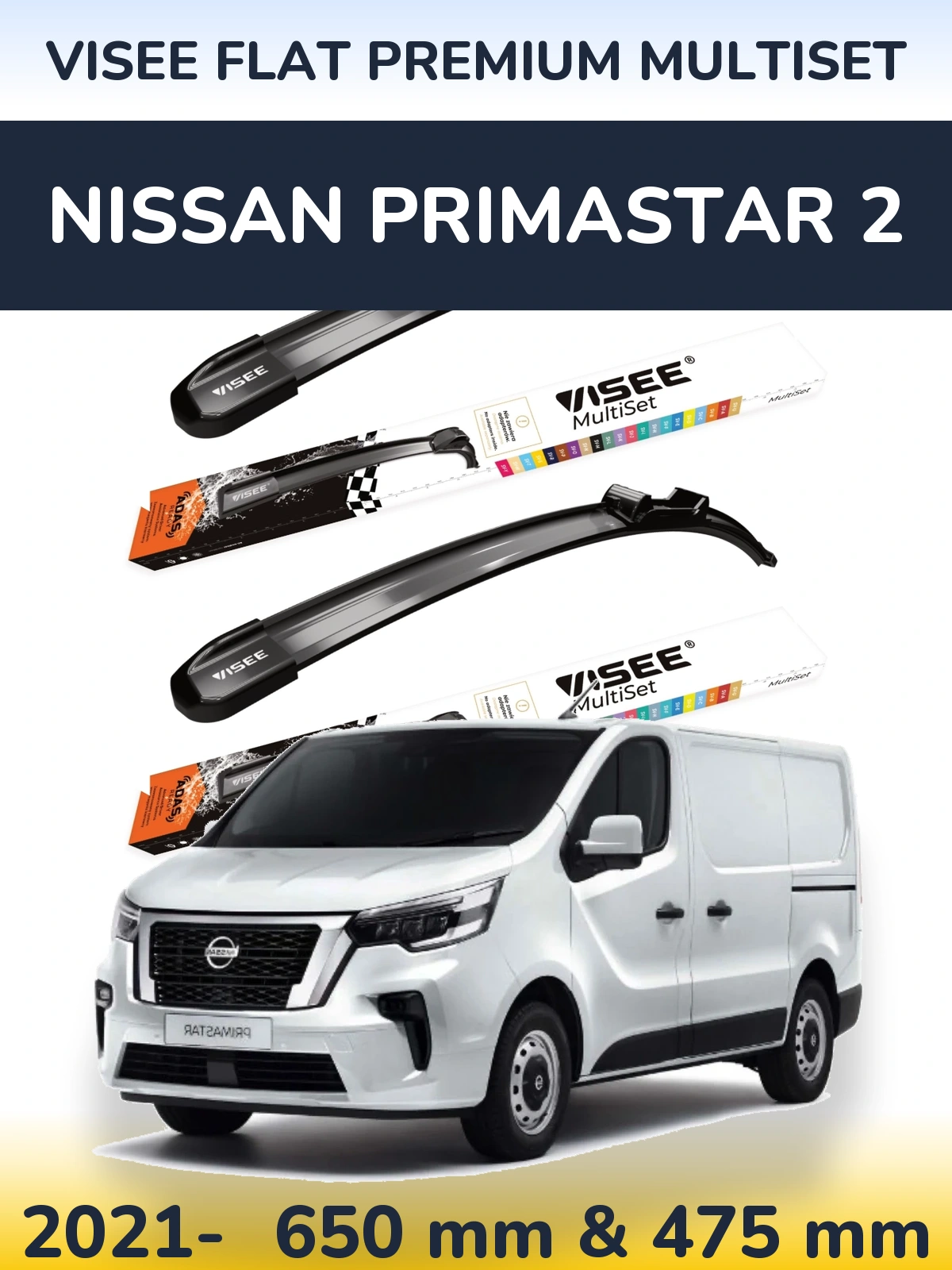 Комплект передних дворников VISEE FLAT PREMIUM MultiSet 650 & 475 мм для Nissan Primastar 2 2021-2026