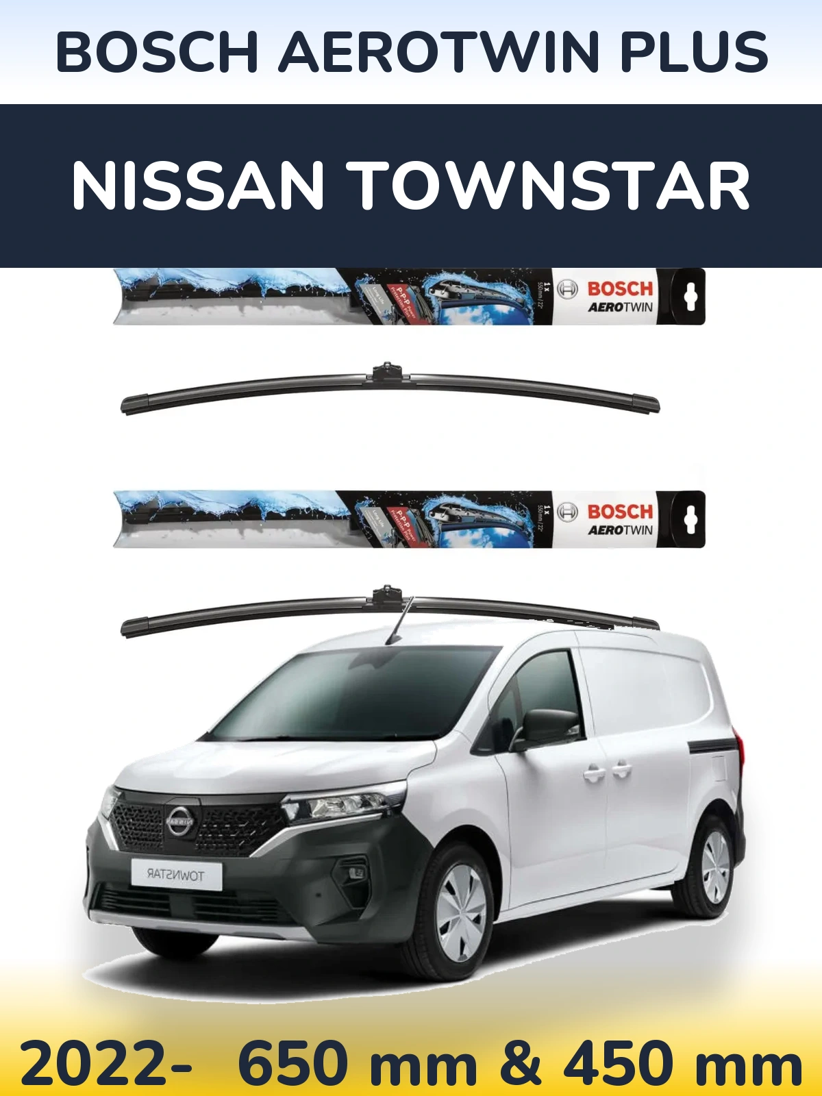 Front wiper blade set BOSCH AeroTwin Plus 650 & 450 mm for Nissan Townstar 2022-2026