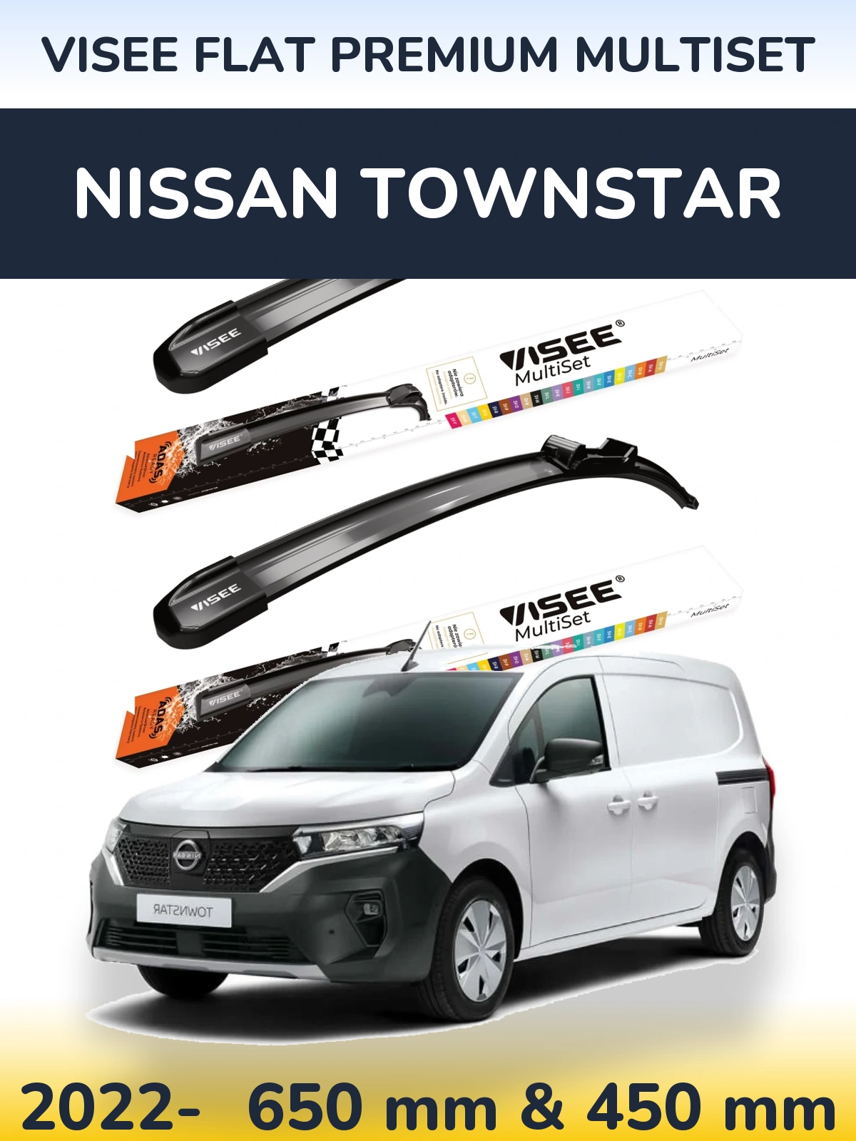 Комплект передніх щіток VISEE FLAT PREMIUM MultiSet 650 & 450 мм для Nissan Townstar 2022-2026