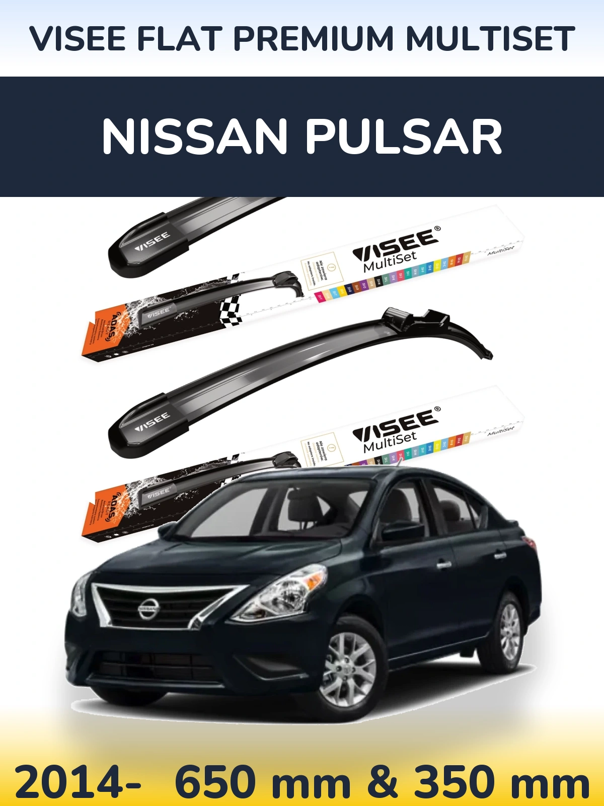 Front wiper blade set VISEE FLAT PREMIUM MultiSet 650 & 350 mm for Nissan Pulsar 2014-2026
