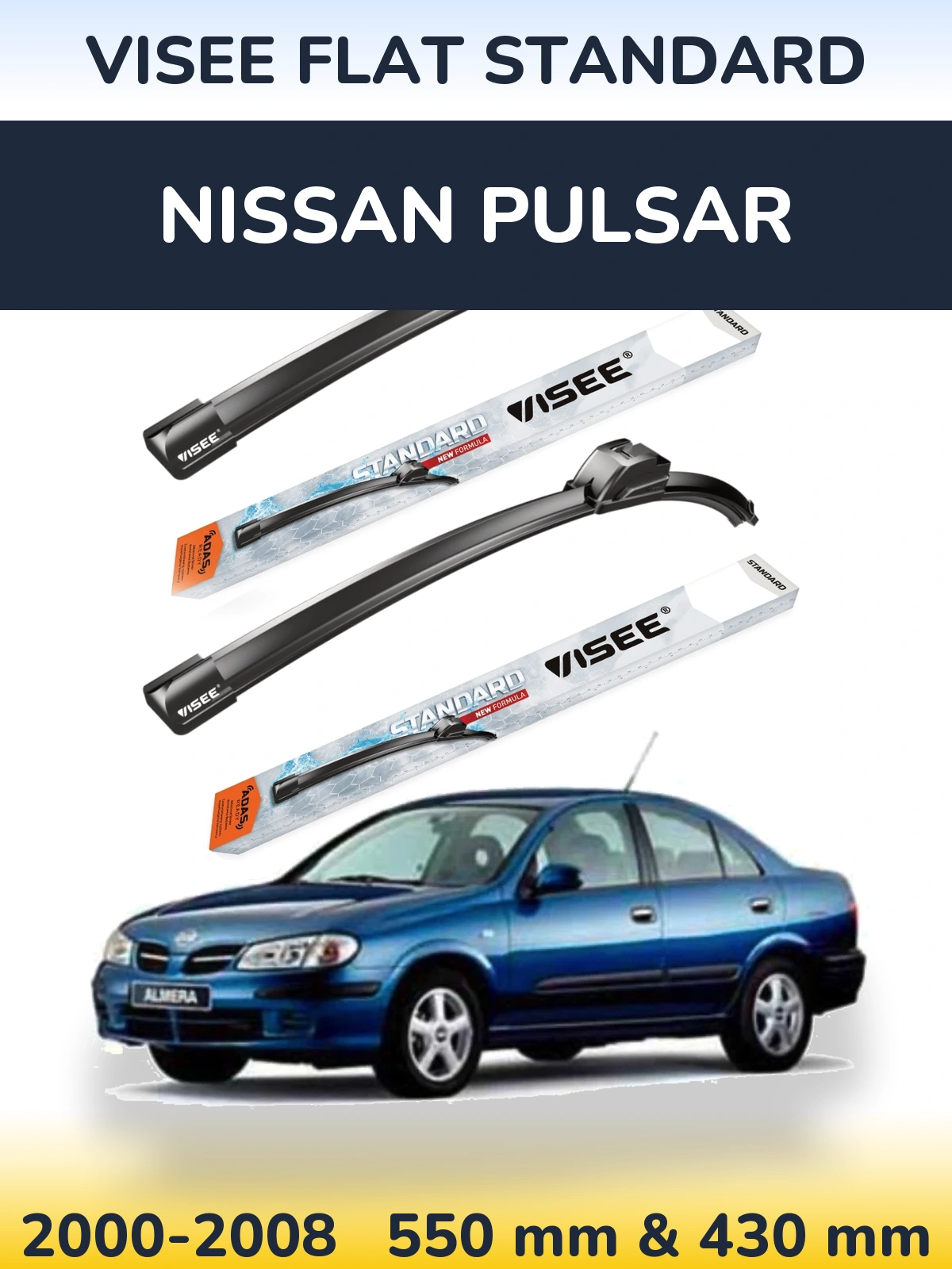 Комплект передніх щіток VISEE FLAT STANDARD 550 & 430 мм для Nissan Pulsar 2000-2008