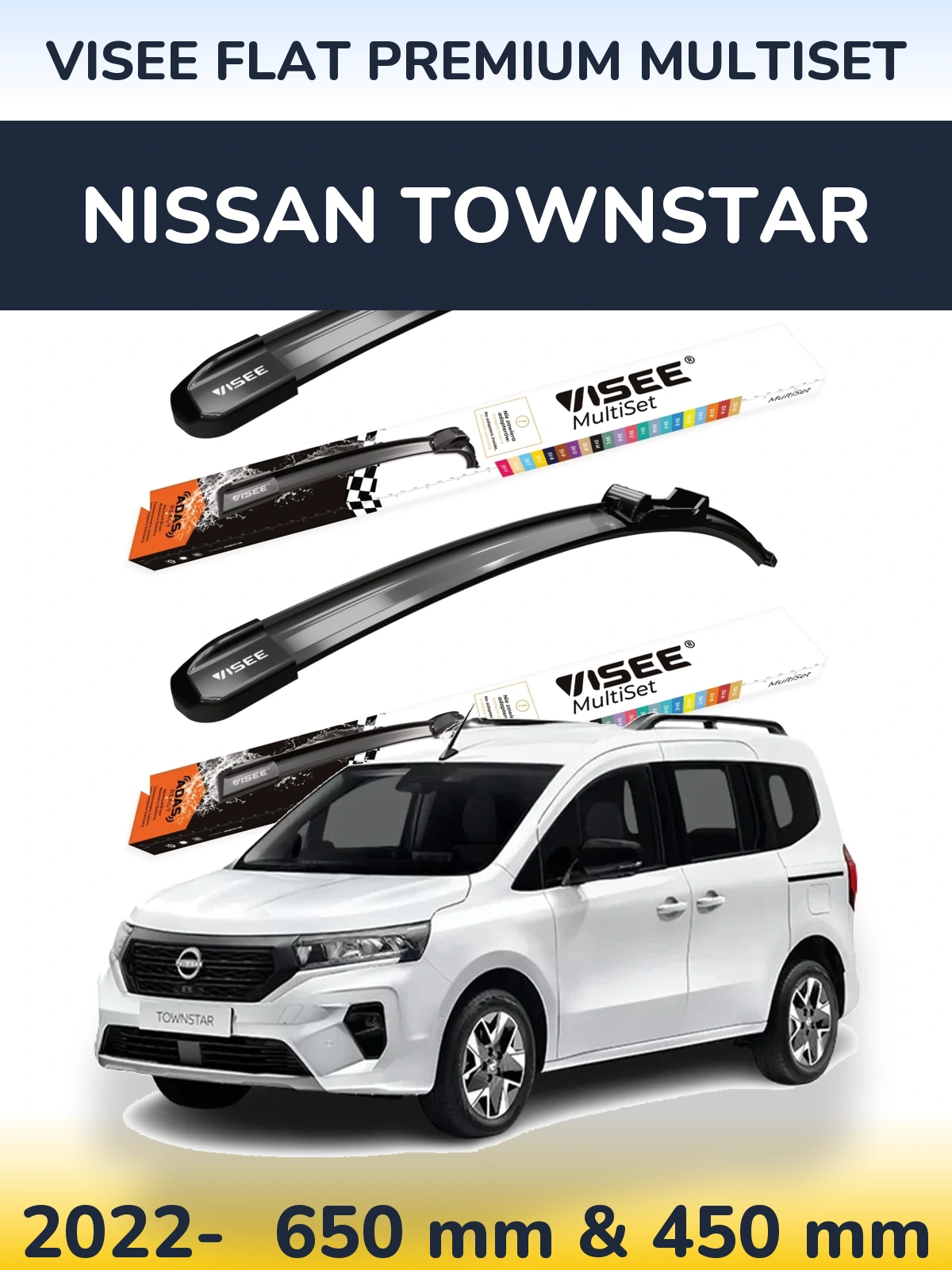Комплект передних дворников VISEE FLAT PREMIUM MultiSet 650 & 450 мм для Nissan Townstar 2022-2026
