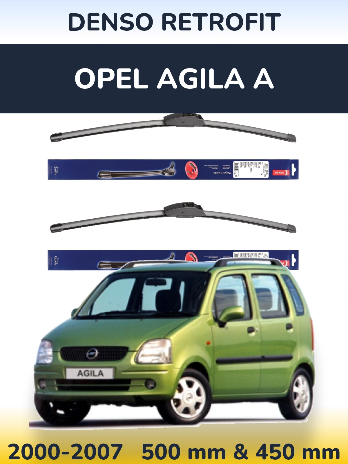 Komplet przednich wycieraczek Denso Retrofit 500 & 450 mm do Opel Agila A 2000-2007