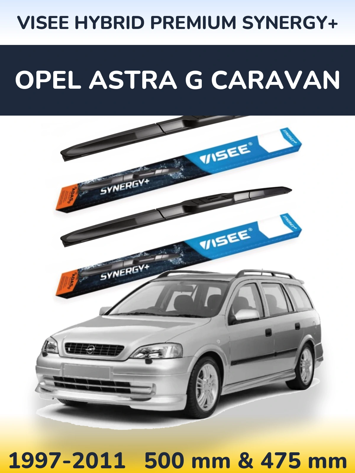 Front wiper blade set VISEE HYBRID PREMIUM SYNERGY+ 500 & 475 mm for Opel Astra G Caravan 1997-2011