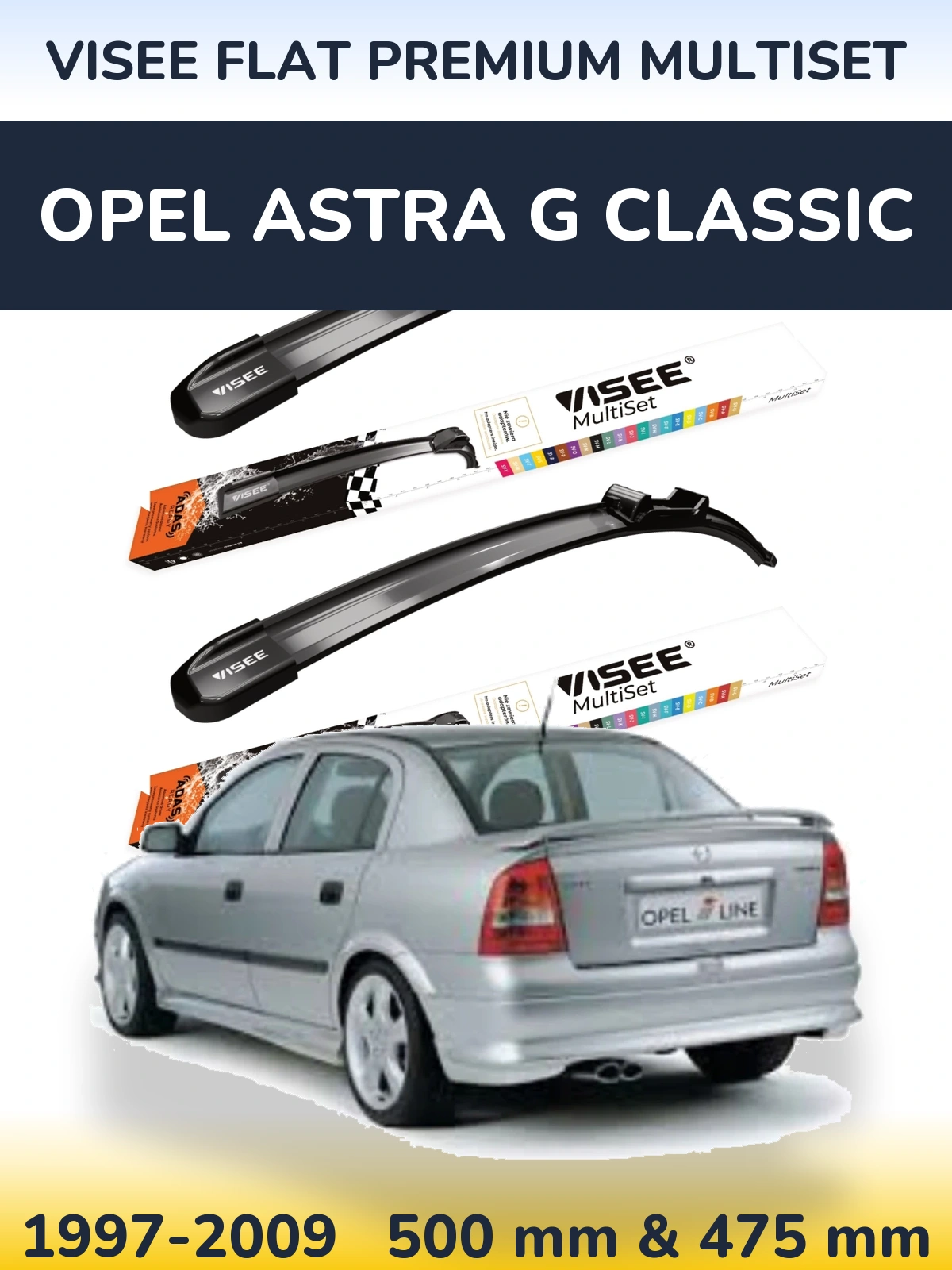 Комплект передних дворников VISEE FLAT PREMIUM MultiSet 500 & 475 мм для Opel Astra G Classic 1997-2009