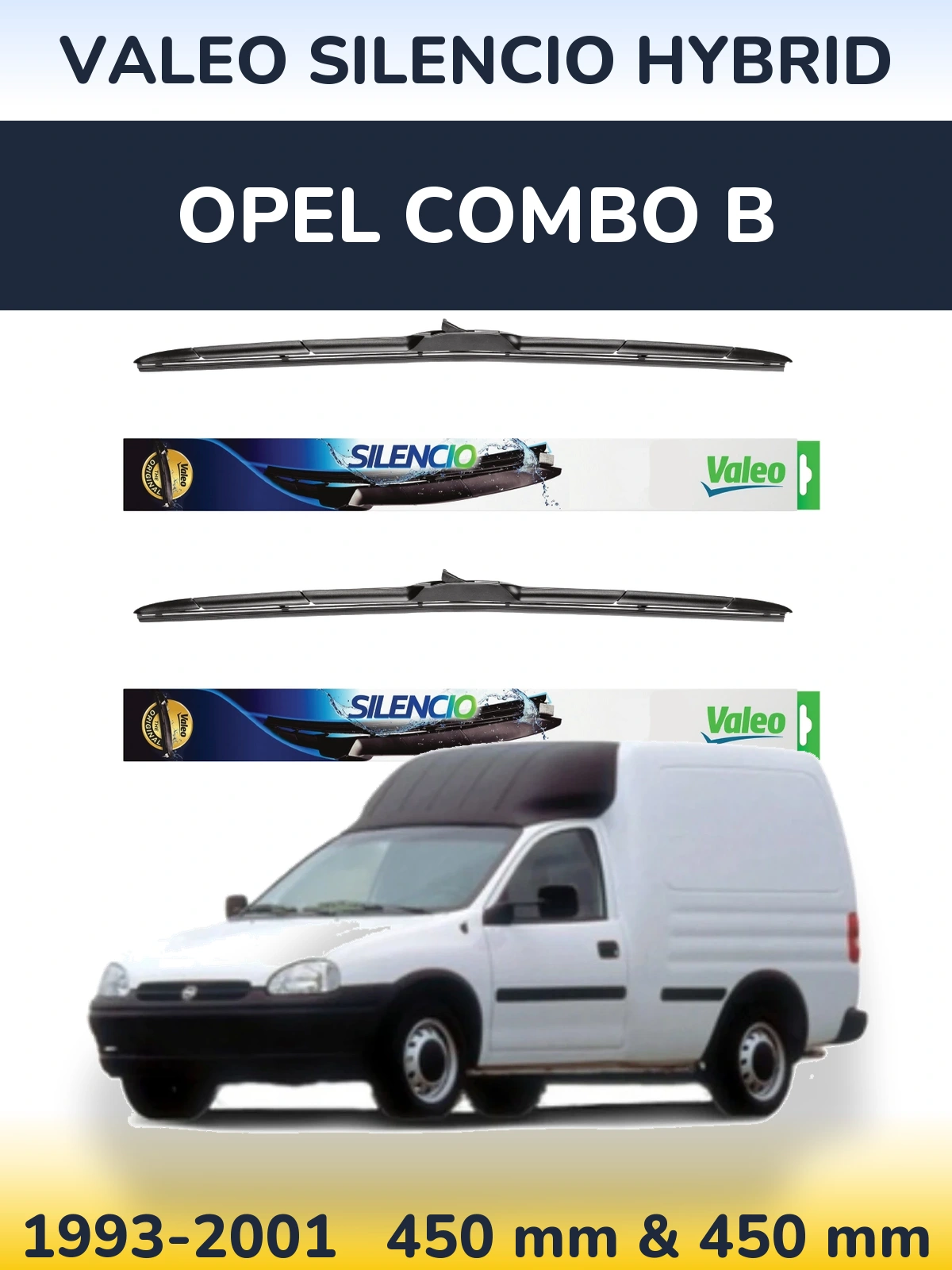 Komplet przednich wycieraczek Valeo Silencio Hybrid 450 & 450 mm do Opel Combo B 1993-2001