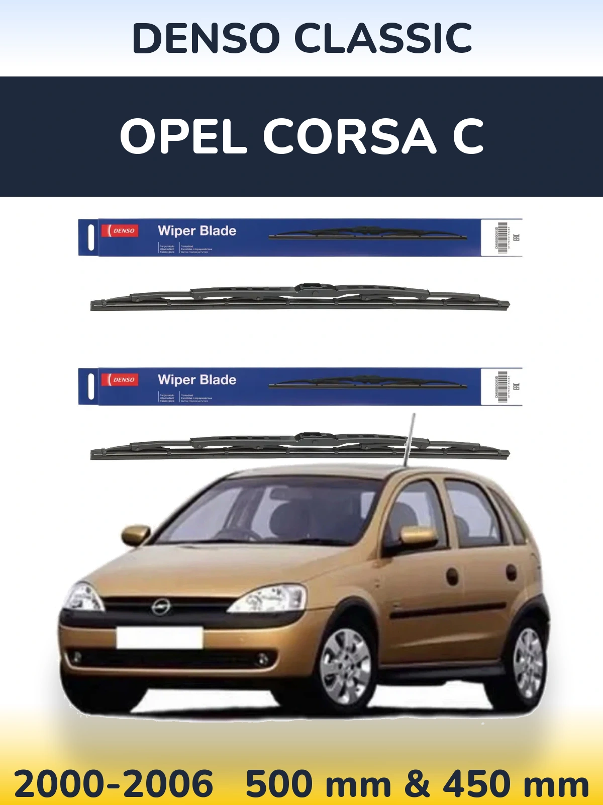 Front wiper blade set Denso Classic 500 & 450 mm for Opel Corsa C 2000-2006