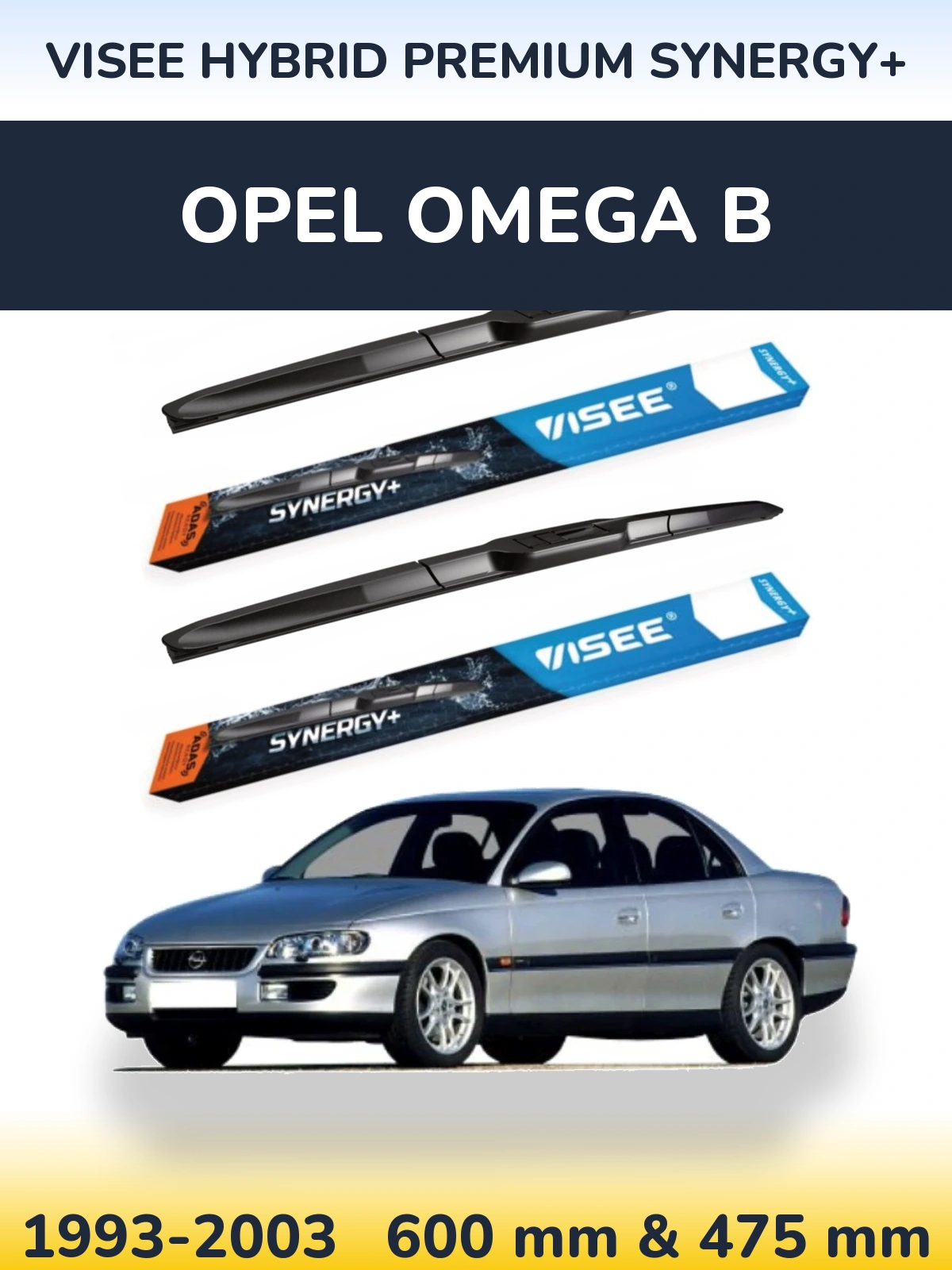 Front wiper blade set VISEE HYBRID PREMIUM SYNERGY+ 600 & 475 mm for Opel Omega B 1993-2003