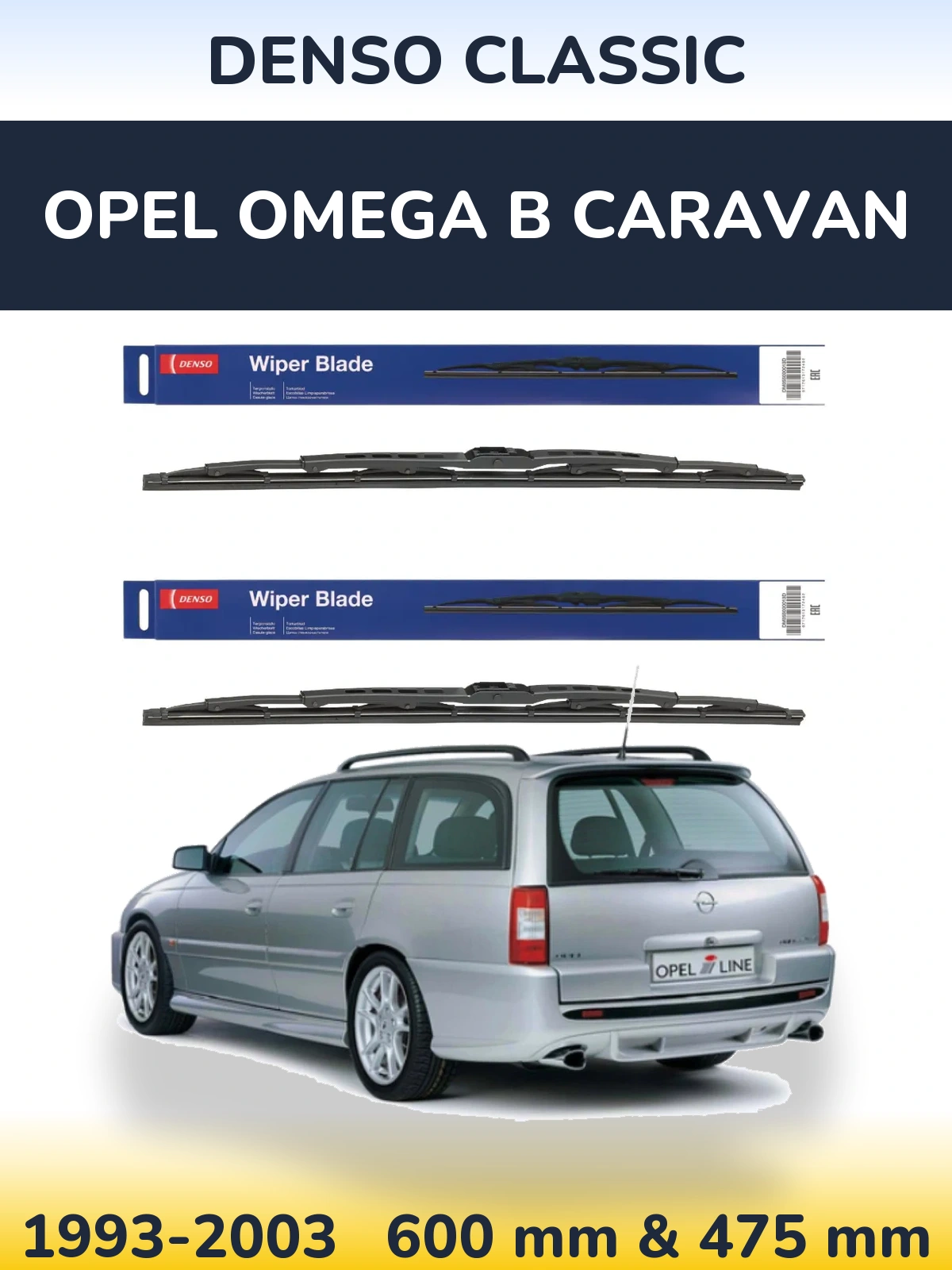 Front wiper blade set Denso Classic 600 & 475 mm for Opel Omega B Caravan 1993-2003