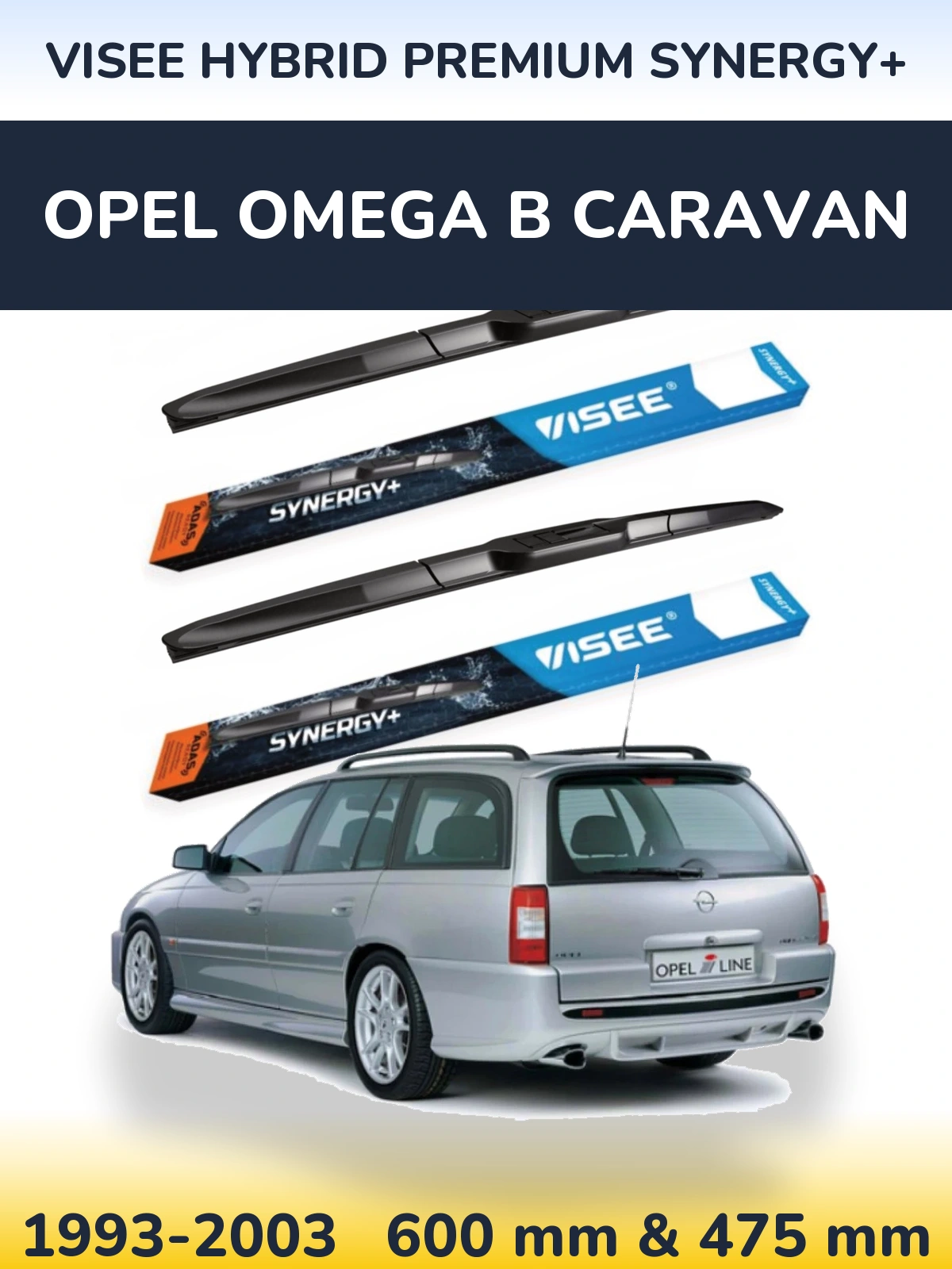 Front wiper blade set VISEE HYBRID PREMIUM SYNERGY+ 600 & 475 mm for Opel Omega B Caravan 1993-2003
