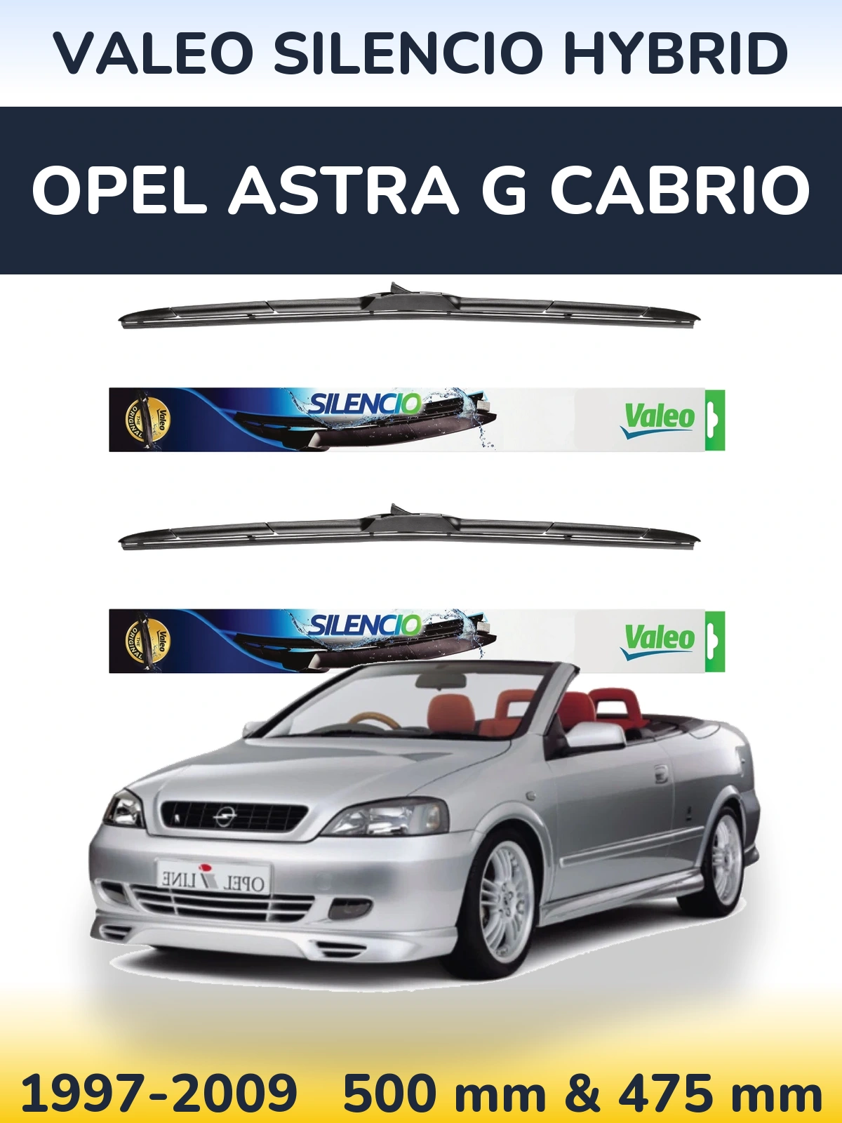 Комплект передних дворников Valeo Silencio Hybrid 500 & 475 мм для Opel Astra G cabrio 1997-2009