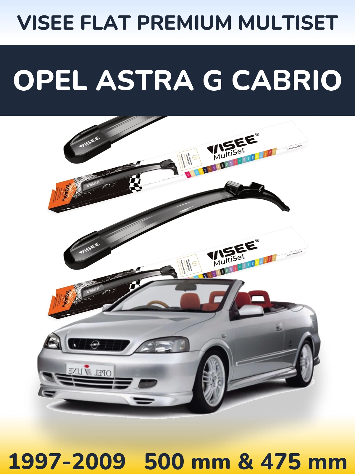 Front wiper blade set VISEE FLAT PREMIUM MultiSet 500 & 475 mm for Opel Astra G cabrio 1997-2009