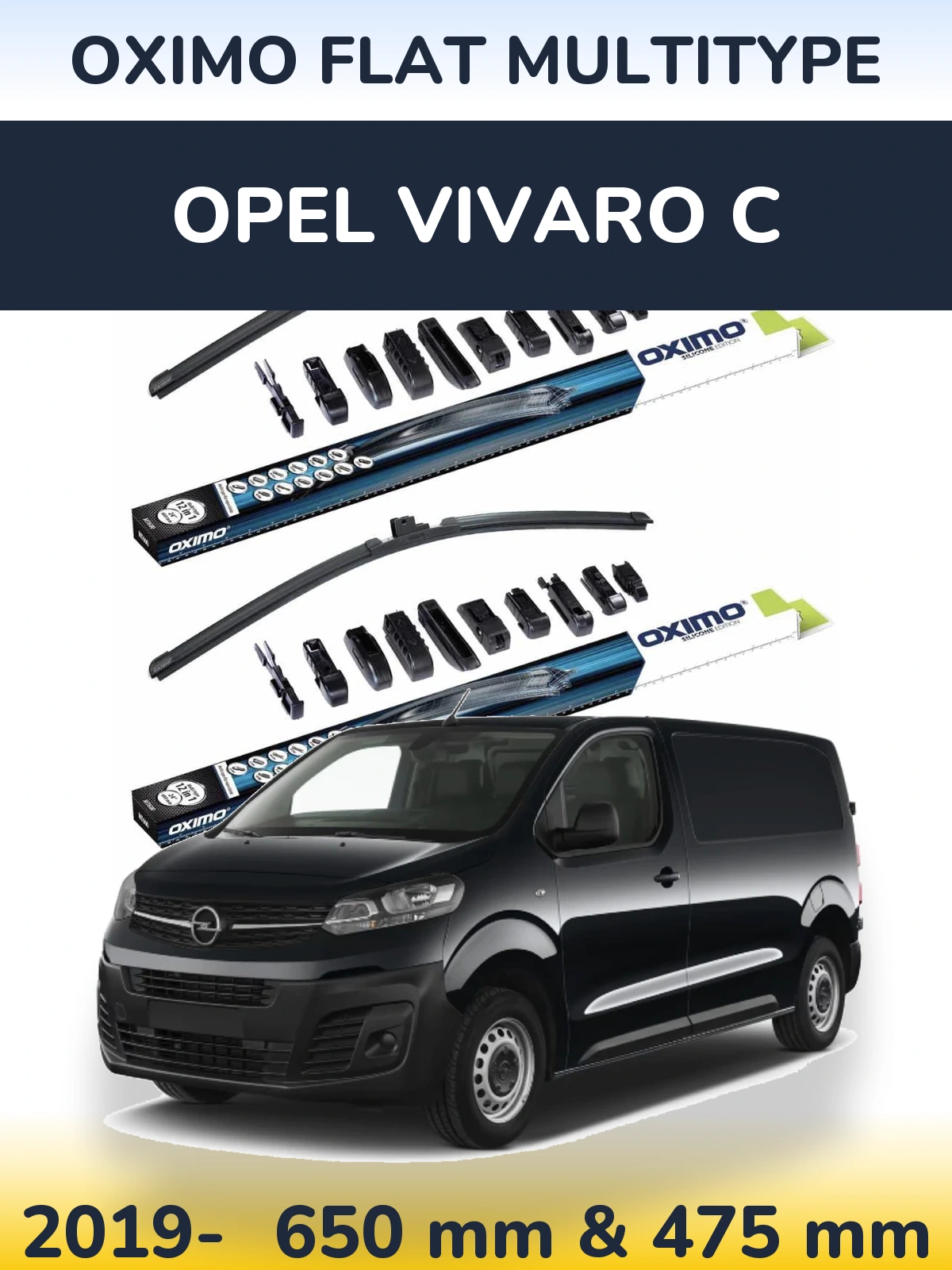 Front wiper blade set Oximo Flat MultiTypee 650 & 475 mm for Opel Vivaro C 2019-2026