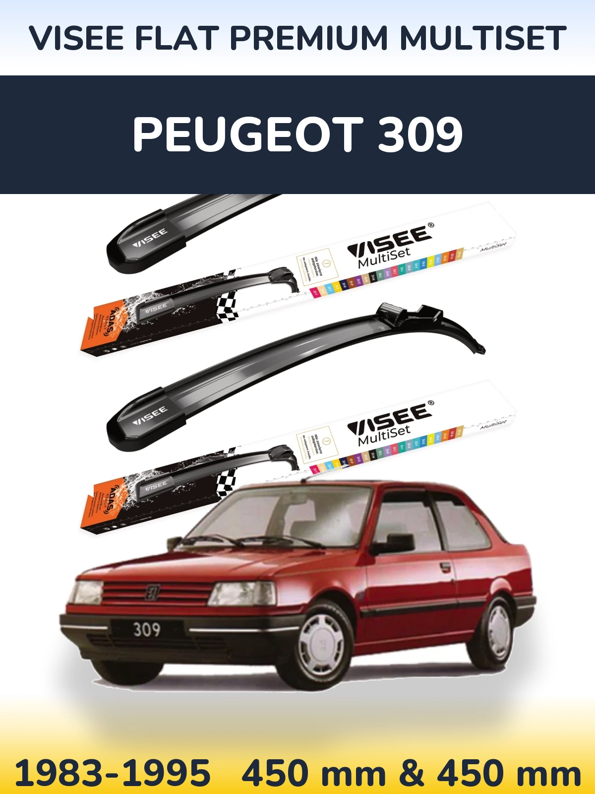 Front wiper blade set VISEE FLAT PREMIUM MultiSet 450 & 450 mm for Peugeot 309 1983-1995