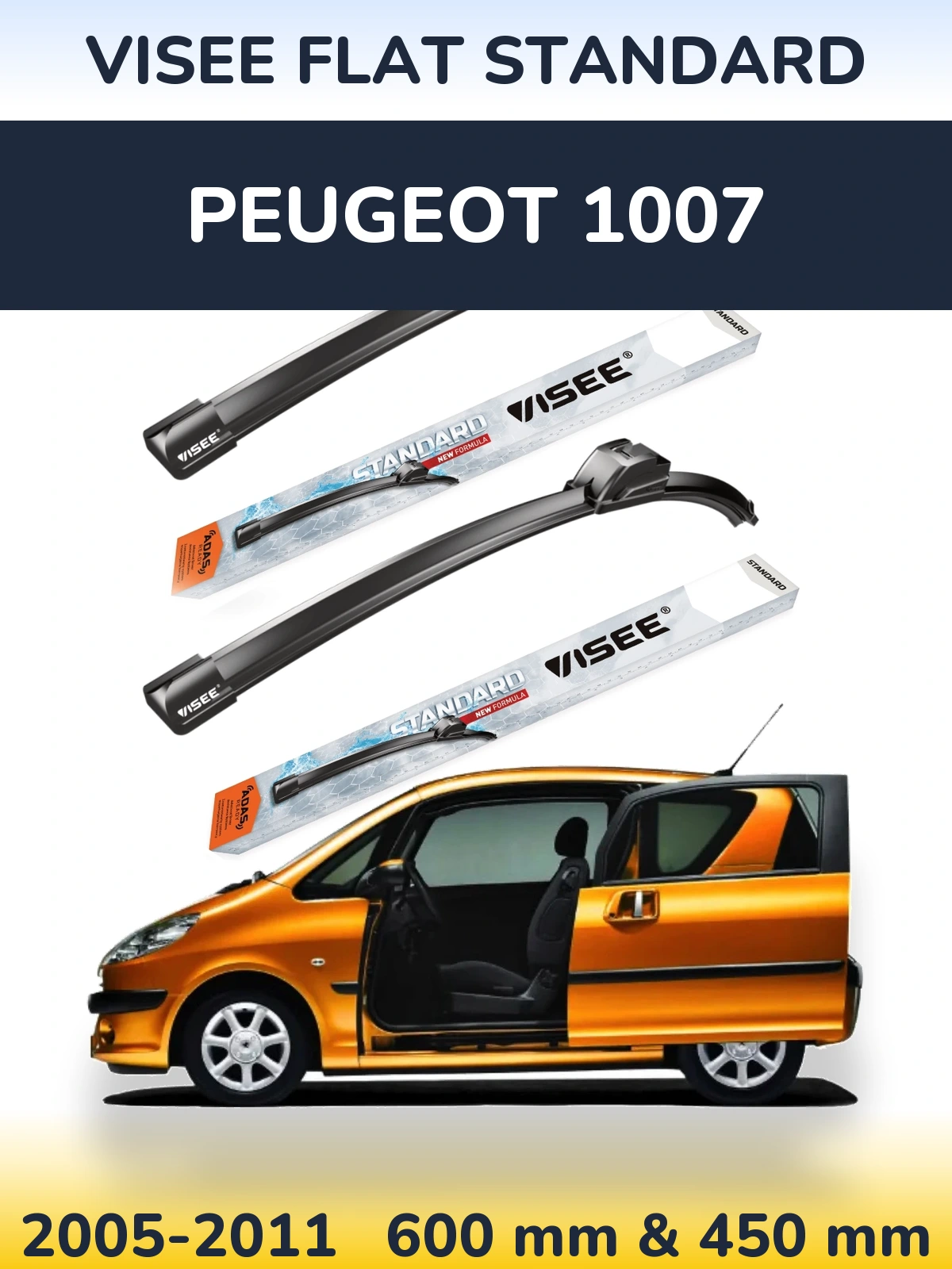 Komplet przednich wycieraczek VISEE FLAT STANDARD 600 & 450 mm do Peugeot 1007 2005-2011