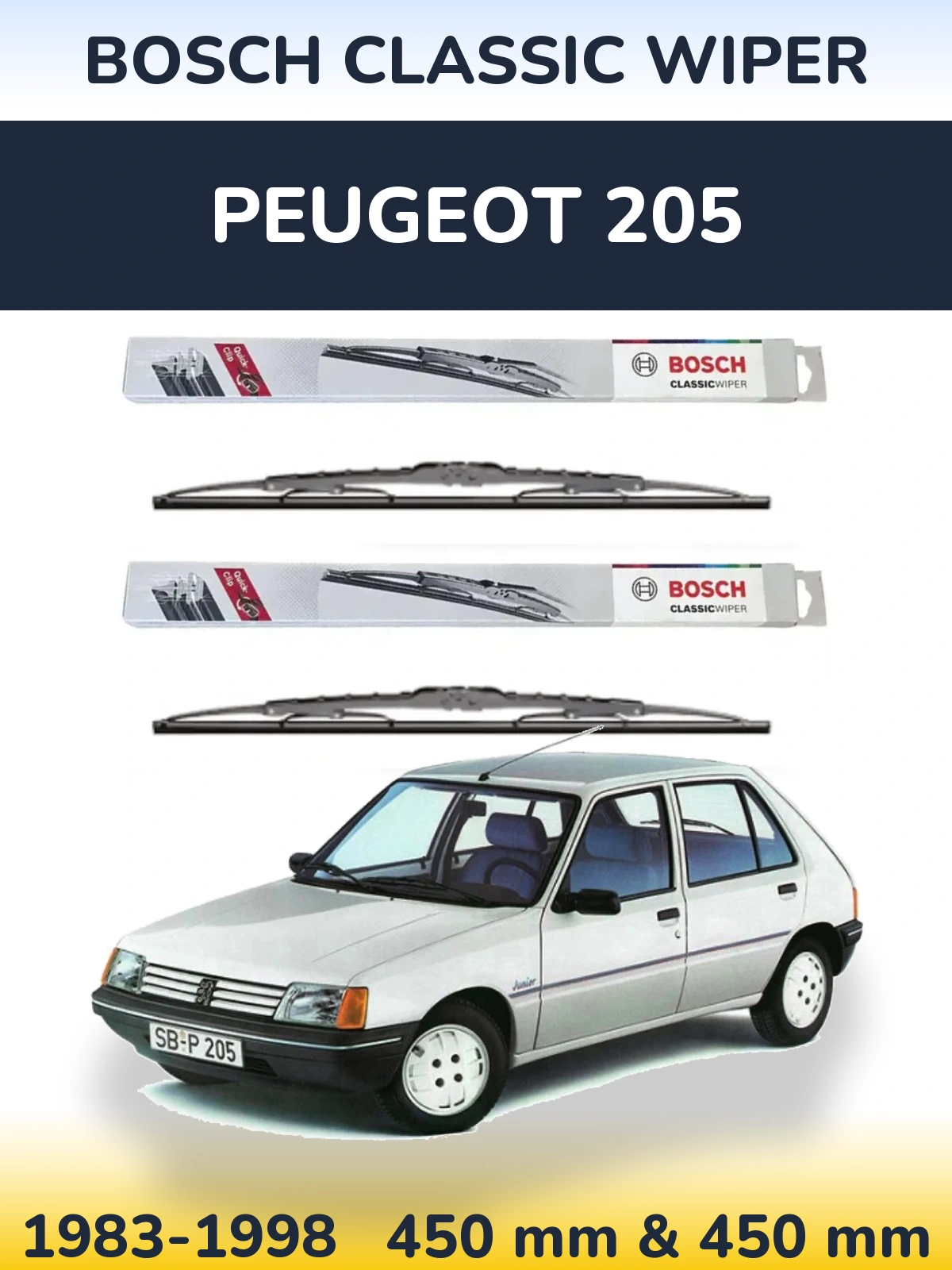 Комплект передних дворников BOSCH Classic Wiper 450 & 450 мм для Peugeot 205 1983-1998