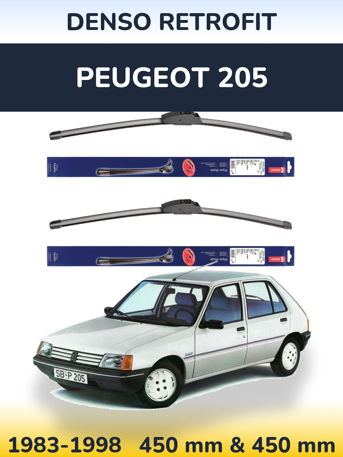 Komplet przednich wycieraczek Denso Retrofit 450 & 450 mm do Peugeot 205 1983-1998