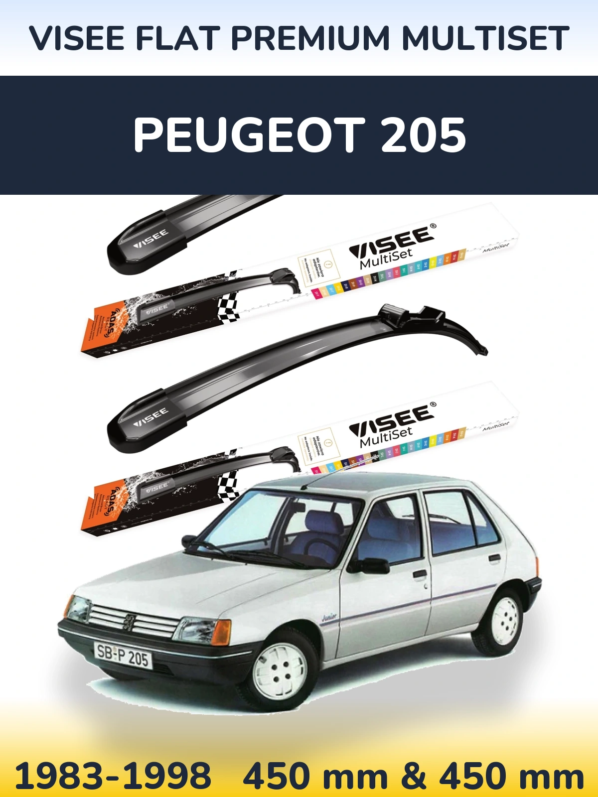 Front wiper blade set VISEE FLAT PREMIUM MultiSet 450 & 450 mm for Peugeot 205 1983-1998