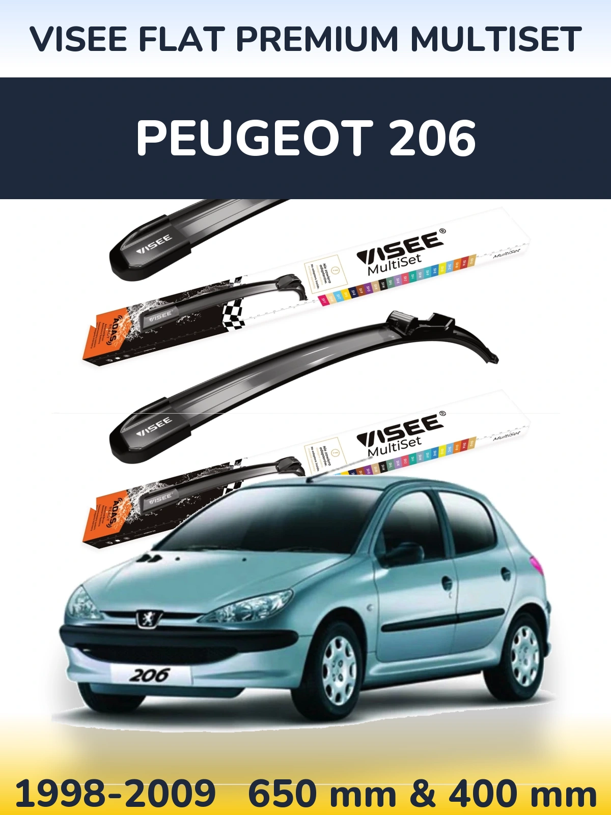 Комплект передніх щіток VISEE FLAT PREMIUM MultiSet 650 & 400 мм для Peugeot 206 1998-2009
