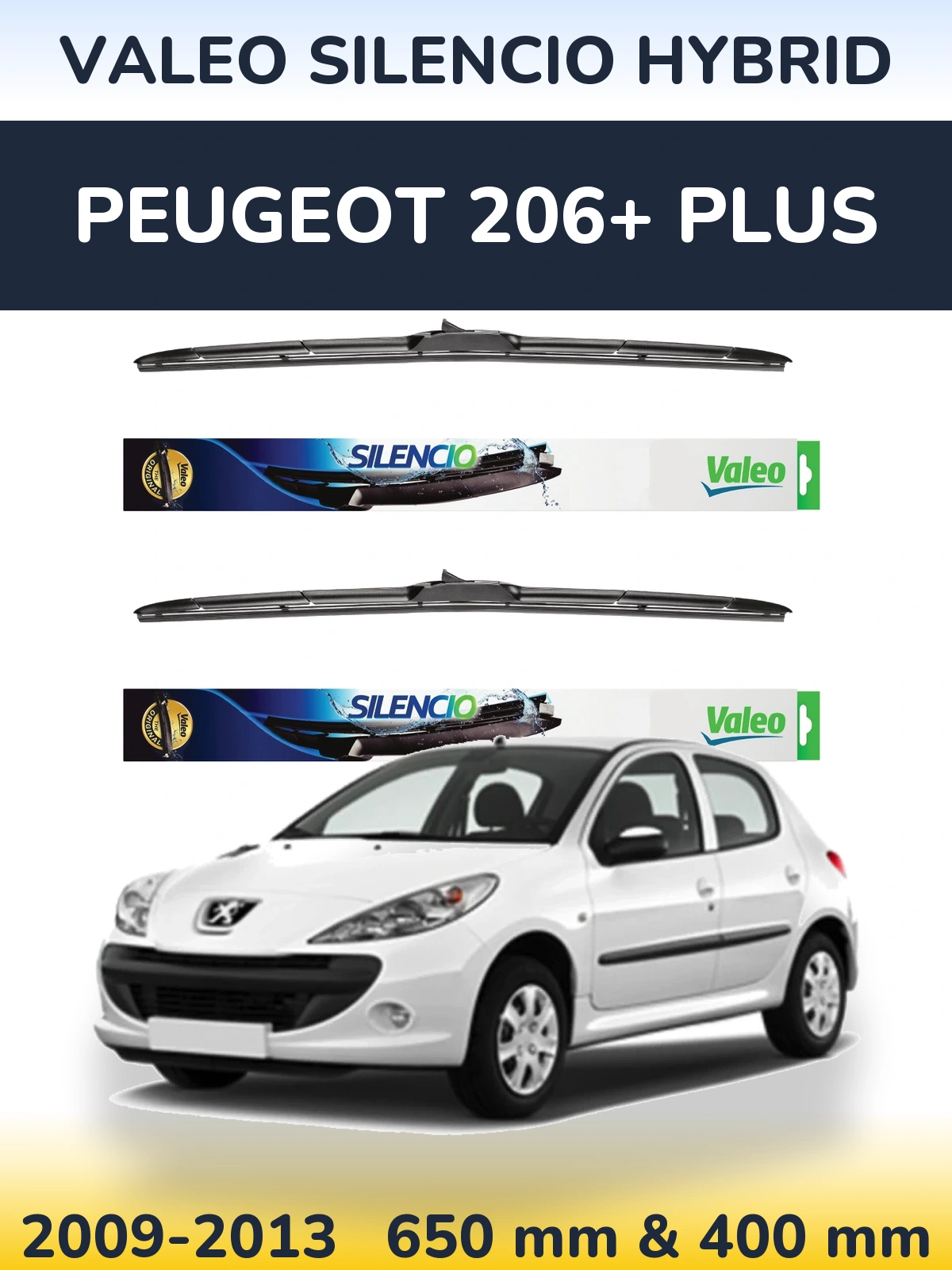 Front wiper blade set Valeo Silencio Hybrid 650 & 400 mm for Peugeot 206+ Plus 2009-2013