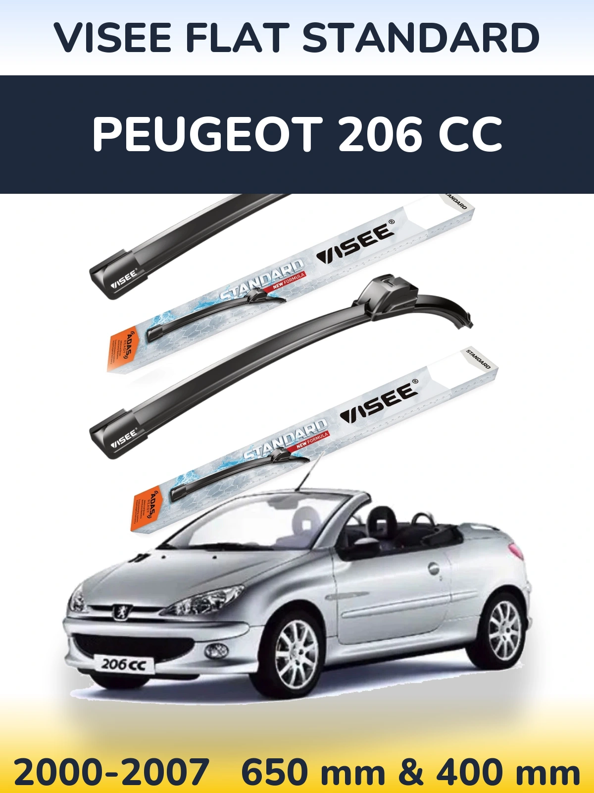 Комплект передних дворников VISEE FLAT STANDARD 650 & 400 мм для Peugeot 206 CC 2000-2007