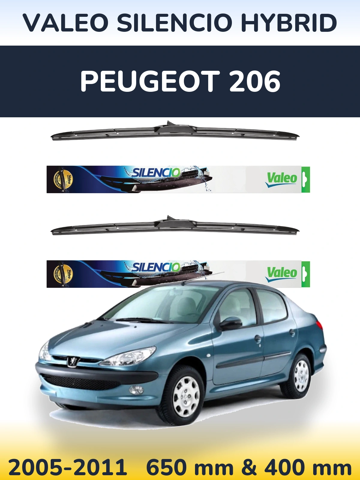 Front wiper blade set Valeo Silencio Hybrid 650 & 400 mm for Peugeot 206 2005-2011