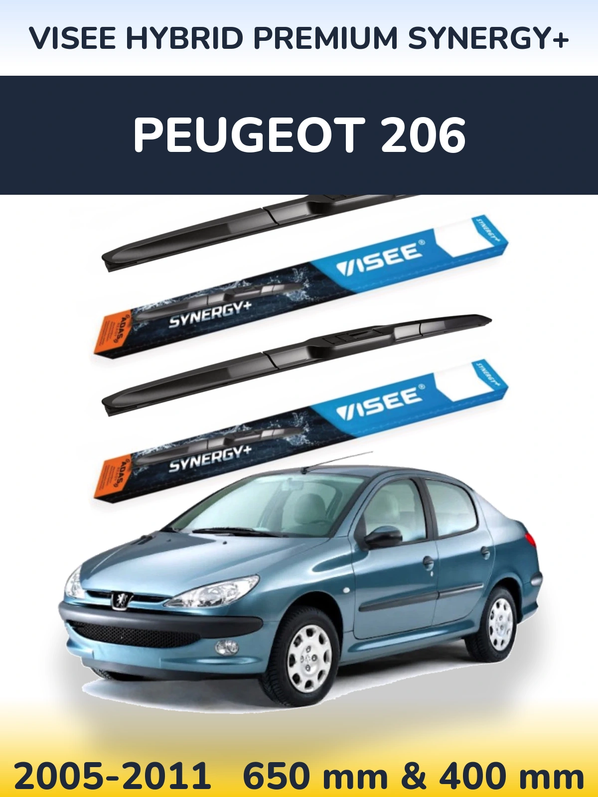 Front wiper blade set VISEE HYBRID PREMIUM SYNERGY+ 650 & 400 mm for Peugeot 206 2005-2011