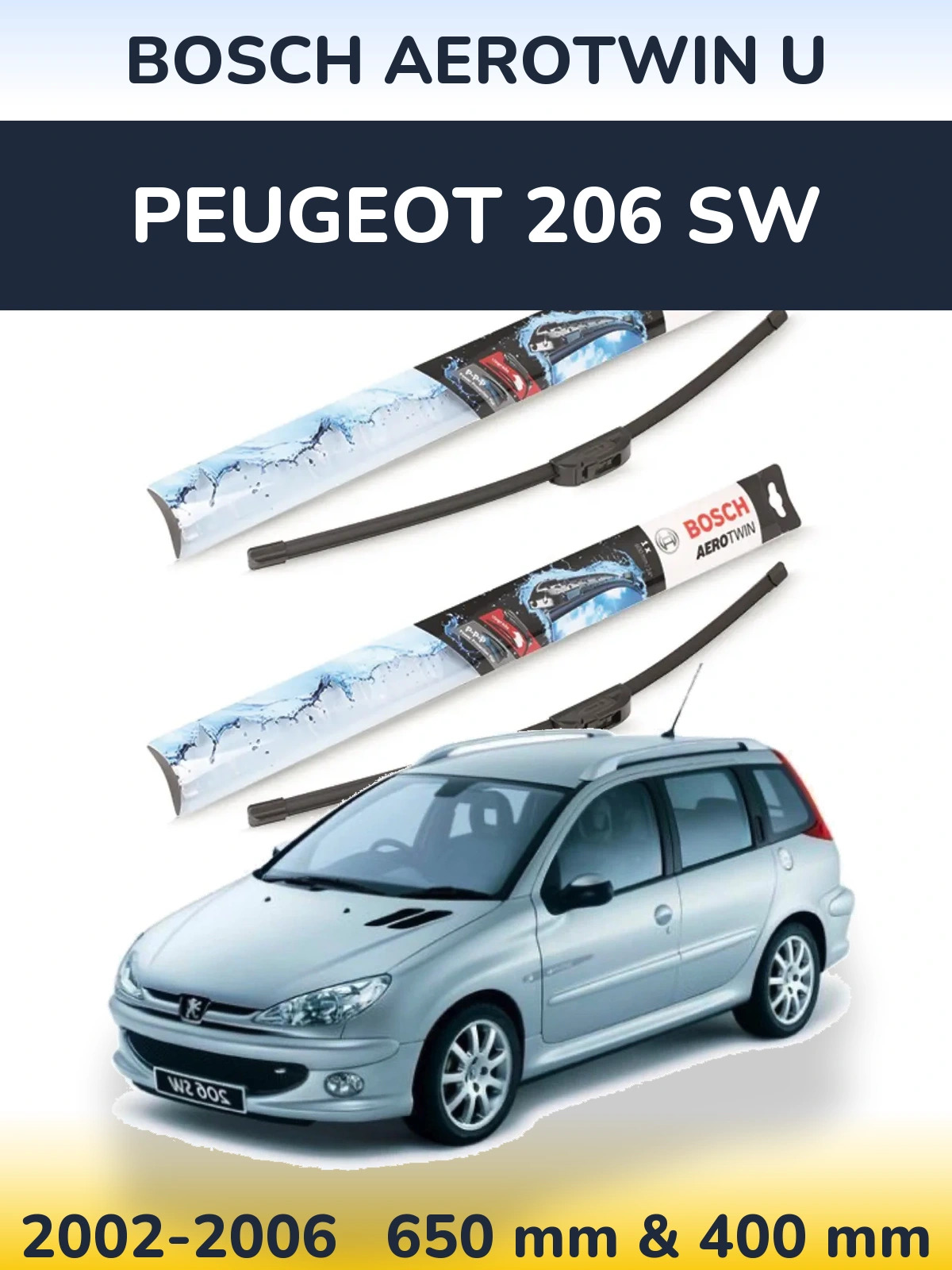 Комплект передних дворников BOSCH AeroTwin U 650 & 400 мм для Peugeot 206 SW 2002-2006