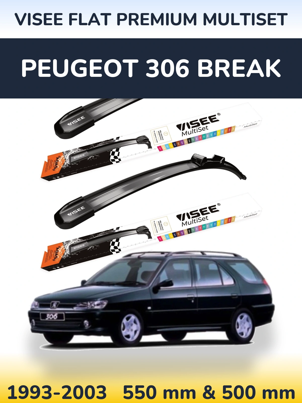 Комплект передних дворников VISEE FLAT PREMIUM MultiSet 550 & 500 мм для Peugeot 306 Break 1993-2003