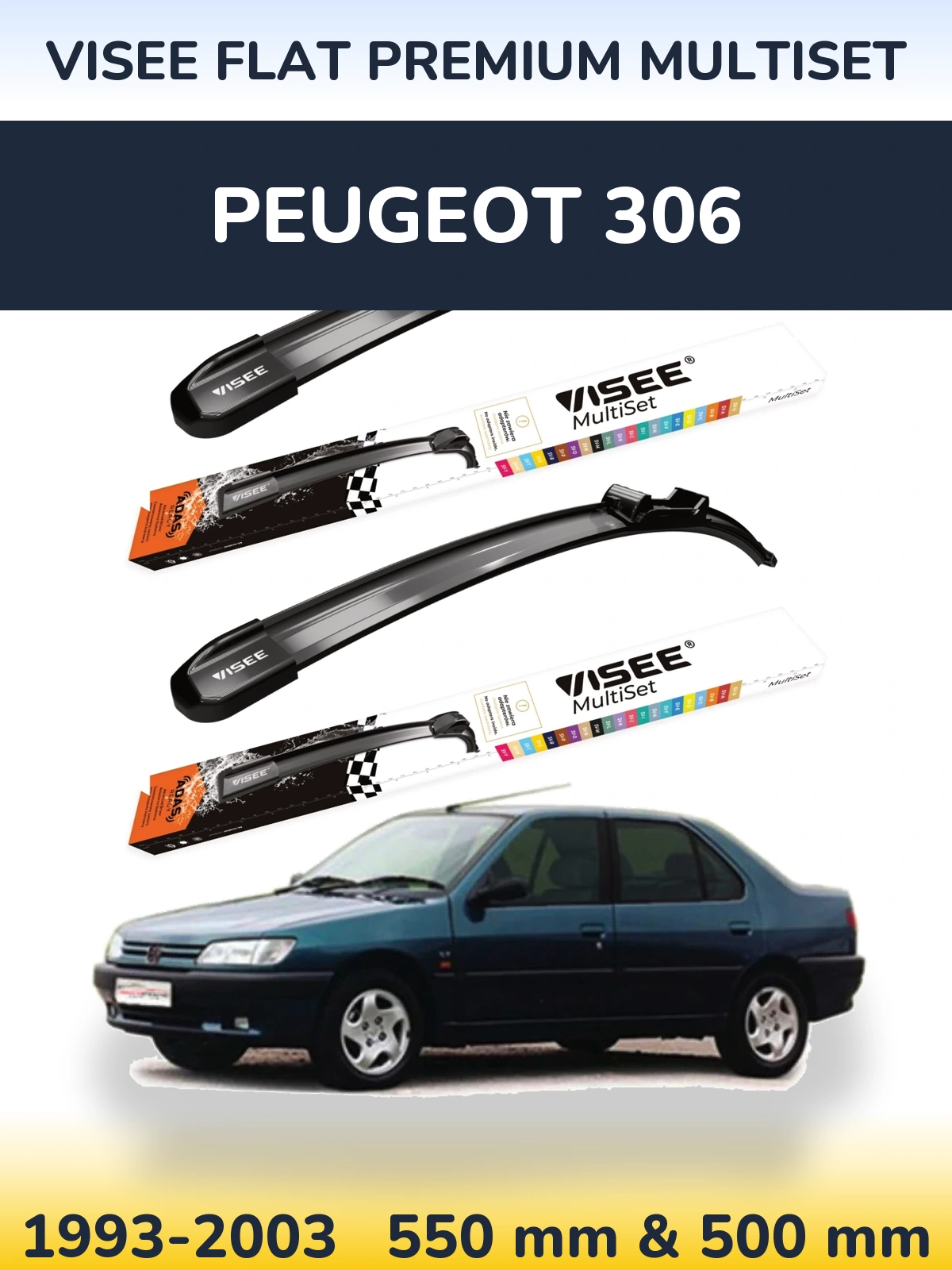 Komplet przednich wycieraczek VISEE FLAT PREMIUM MultiSet 550 & 500 mm do Peugeot 306 1993-2003