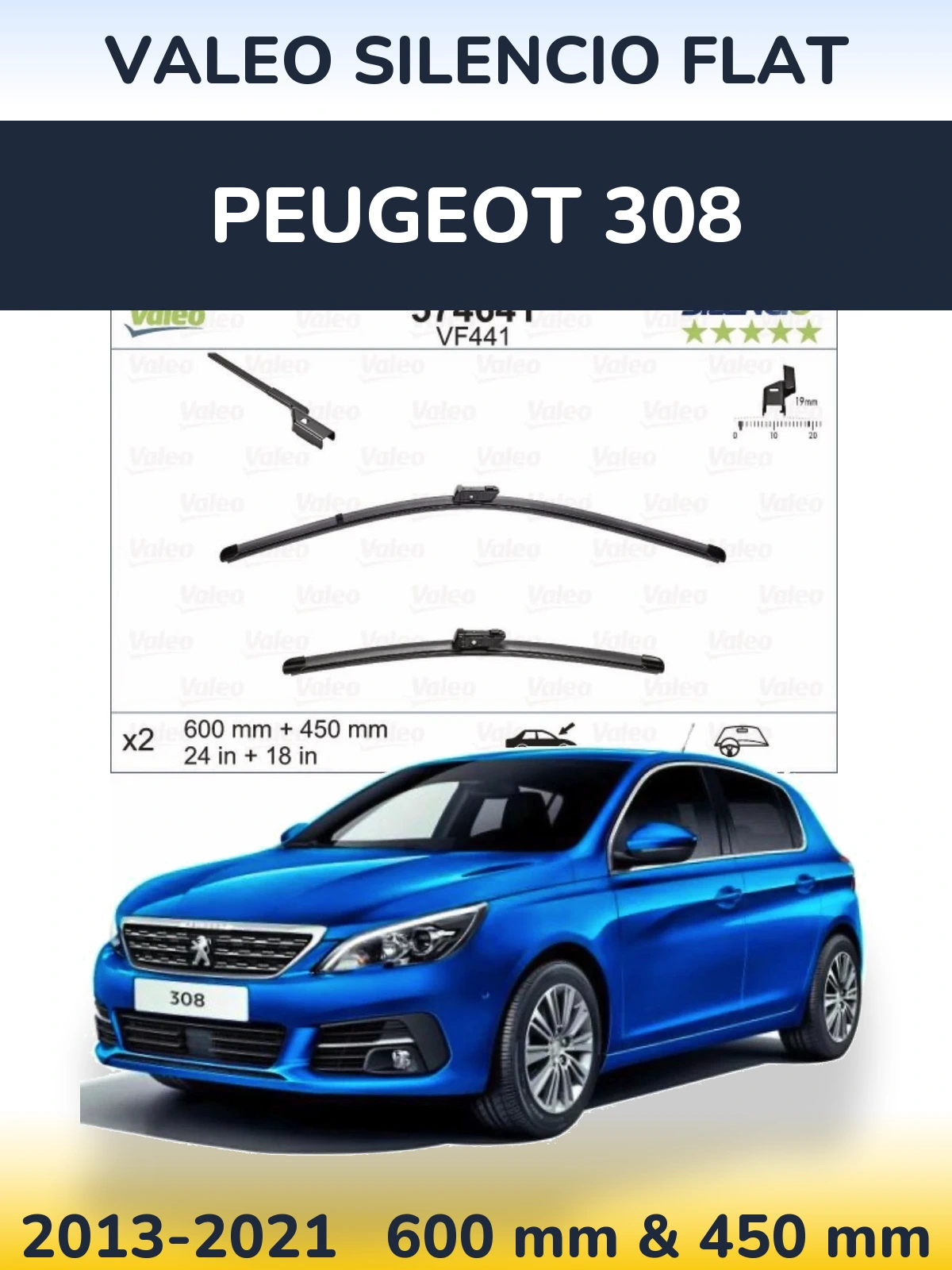Комплект передніх щіток Valeo Silencio Flat 600 & 450 мм для Peugeot 308 2013-2021