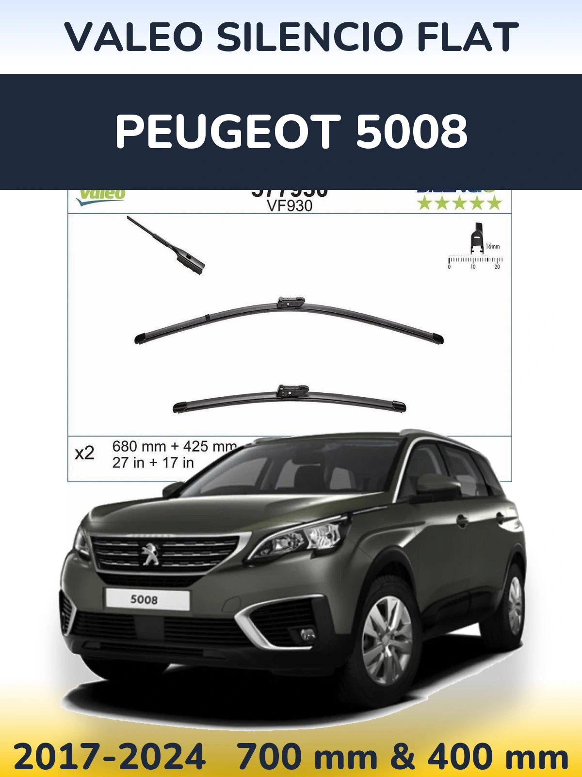 Komplet przednich wycieraczek Valeo Silencio Flat 680 & 400 mm do Peugeot 5008 2017-2024