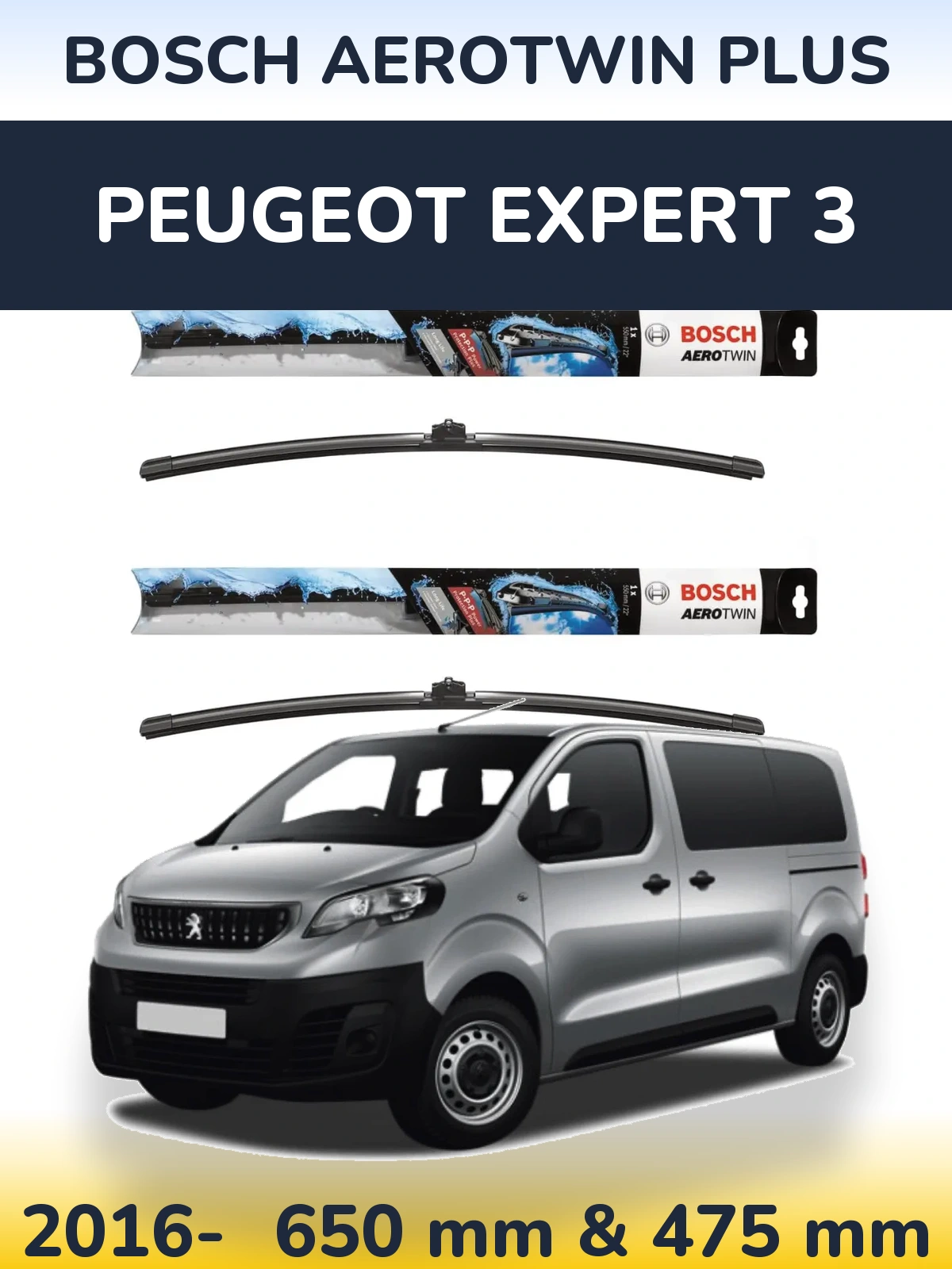 Front wiper blade set BOSCH AeroTwin Plus 650 & 475 mm for Peugeot Expert 3 2016-2026