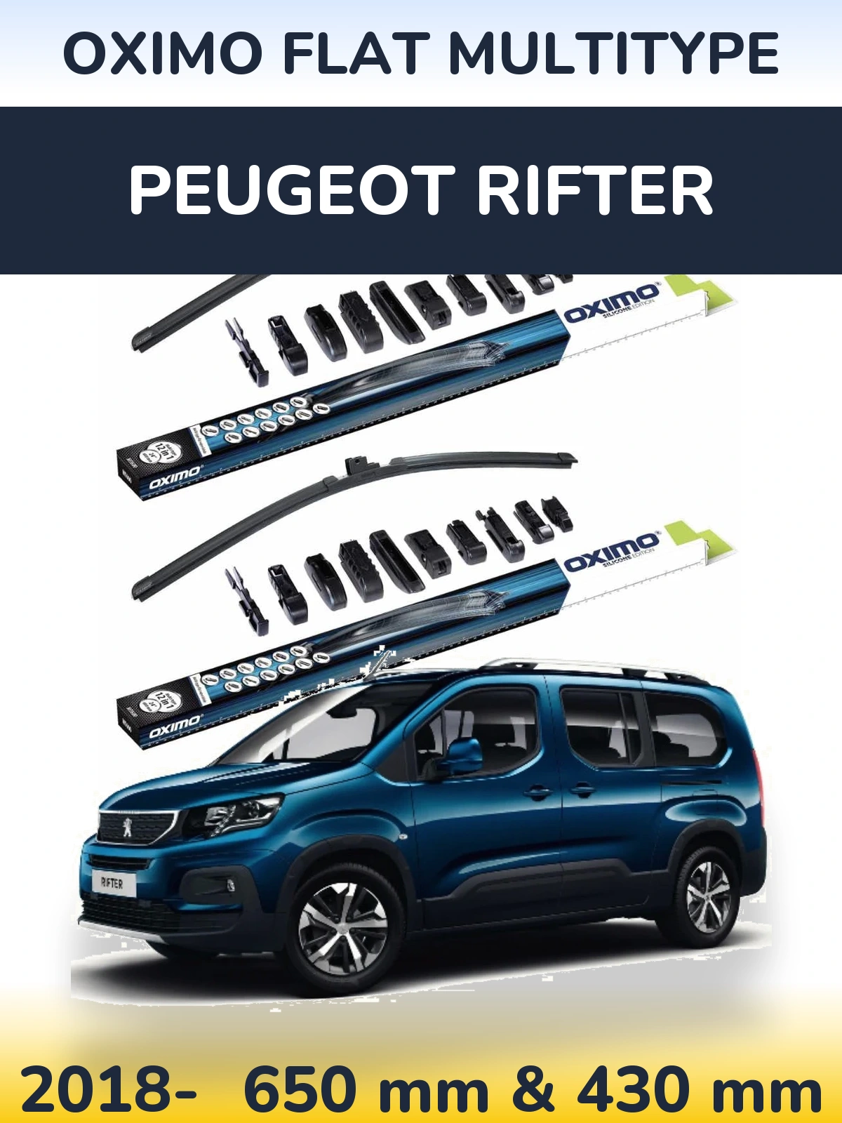 Комплект передніх щіток Oximo Flat MultiТипe 650 & 430 мм для Peugeot Rifter 2018-2026