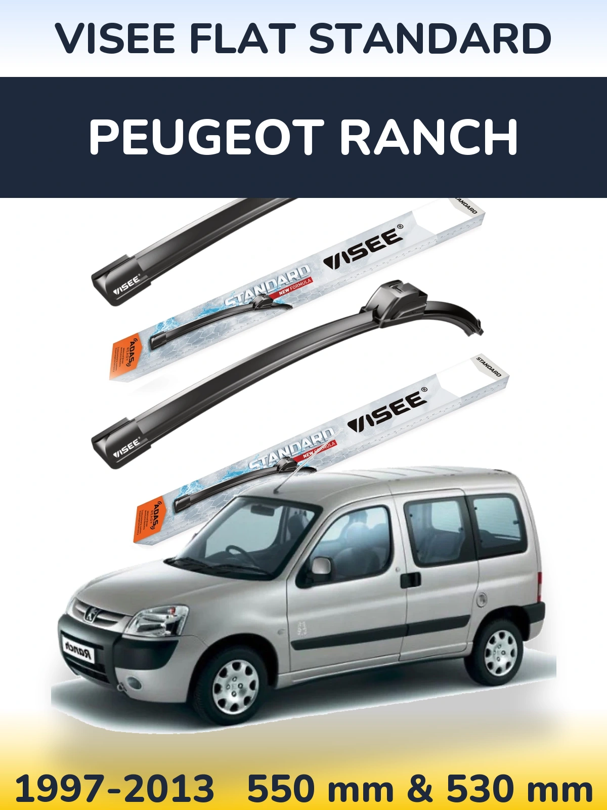 Front wiper blade set VISEE FLAT STANDARD 550 & 530 mm for Peugeot Ranch 1997-2013