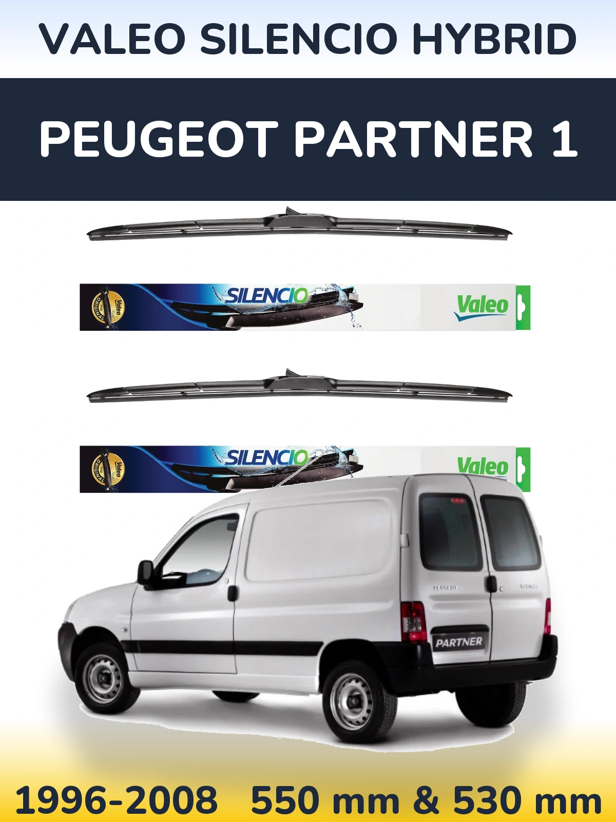 Front wiper blade set Valeo Silencio Hybrid 550 & 530 mm for Peugeot Partner 1 1996-2008