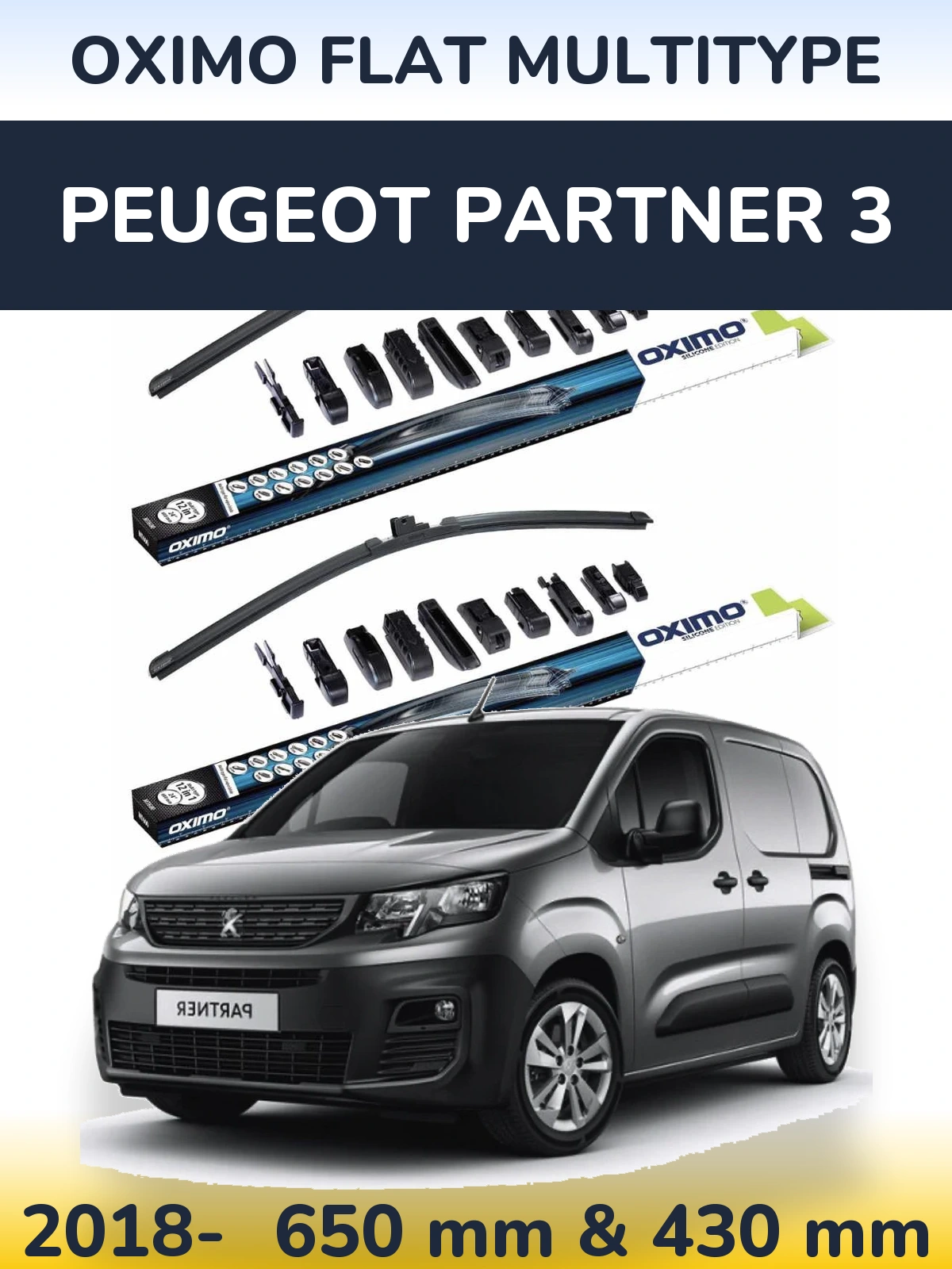 Комплект передних дворников Oximo Flat MultiТипe 650 & 430 мм для Peugeot Partner 3 2018-2026