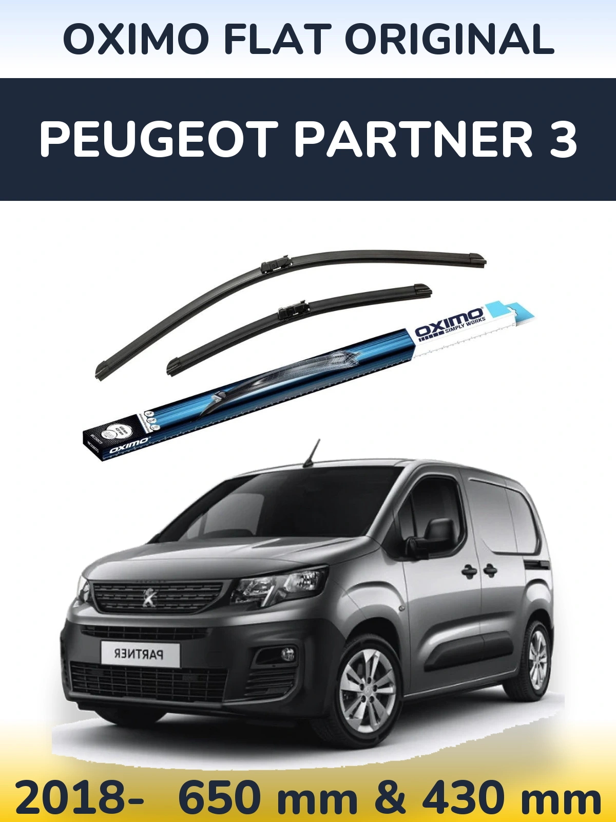 Комплект передних дворников Oximo Flat Original 650 & 430 мм для Peugeot Partner 3 2018-2026