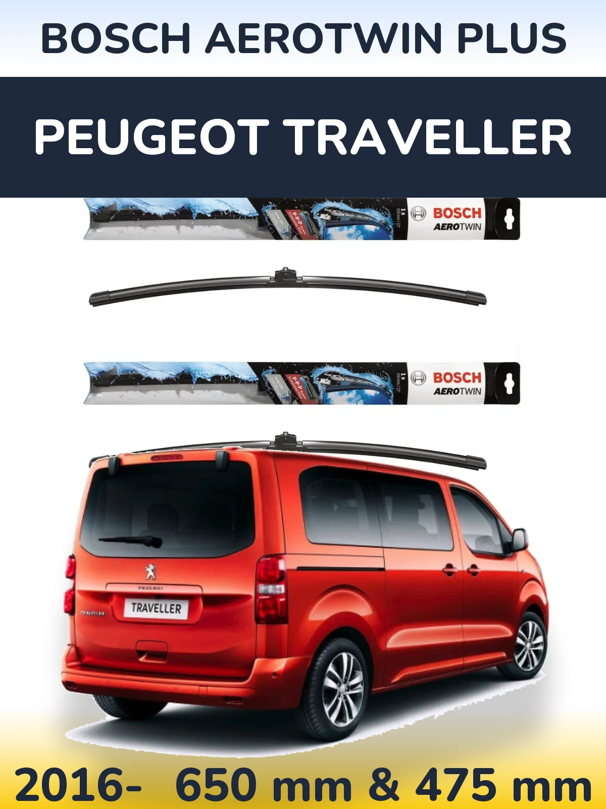 Комплект передних дворников BOSCH AeroTwin Plus 650 & 475 мм для Peugeot Traveller 2016-2026