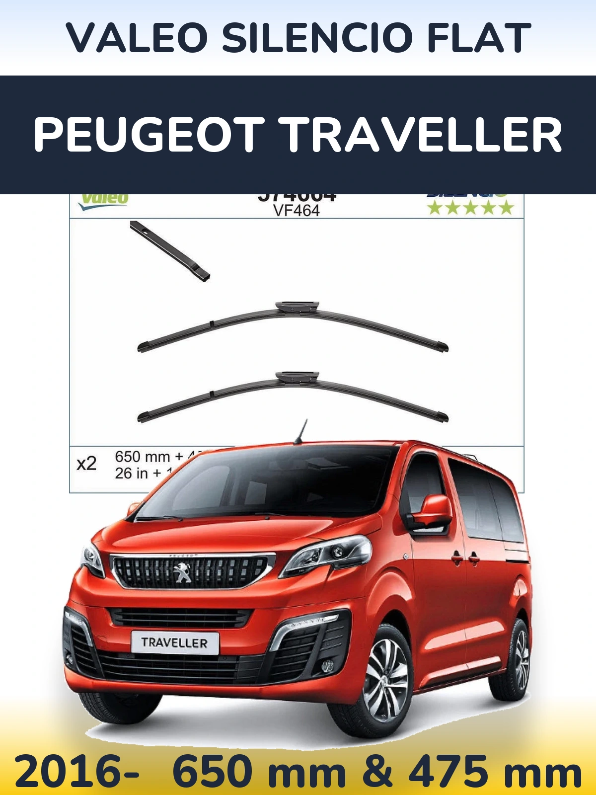 Комплект передніх щіток Valeo Silencio Flat 650 & 450 мм для Peugeot Traveller 2016-2026