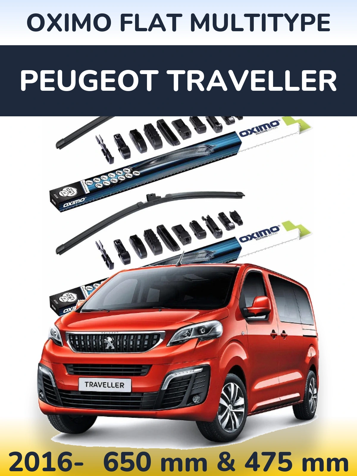 Front wiper blade set Oximo Flat MultiTypee 650 & 475 mm for Peugeot Traveller 2016-2026
