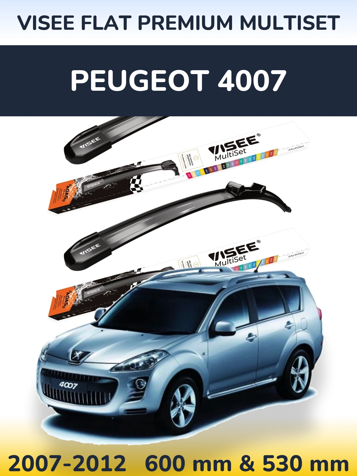 Front wiper blade set VISEE FLAT PREMIUM MultiSet 600 & 530 mm for Peugeot 4007 2007-2012