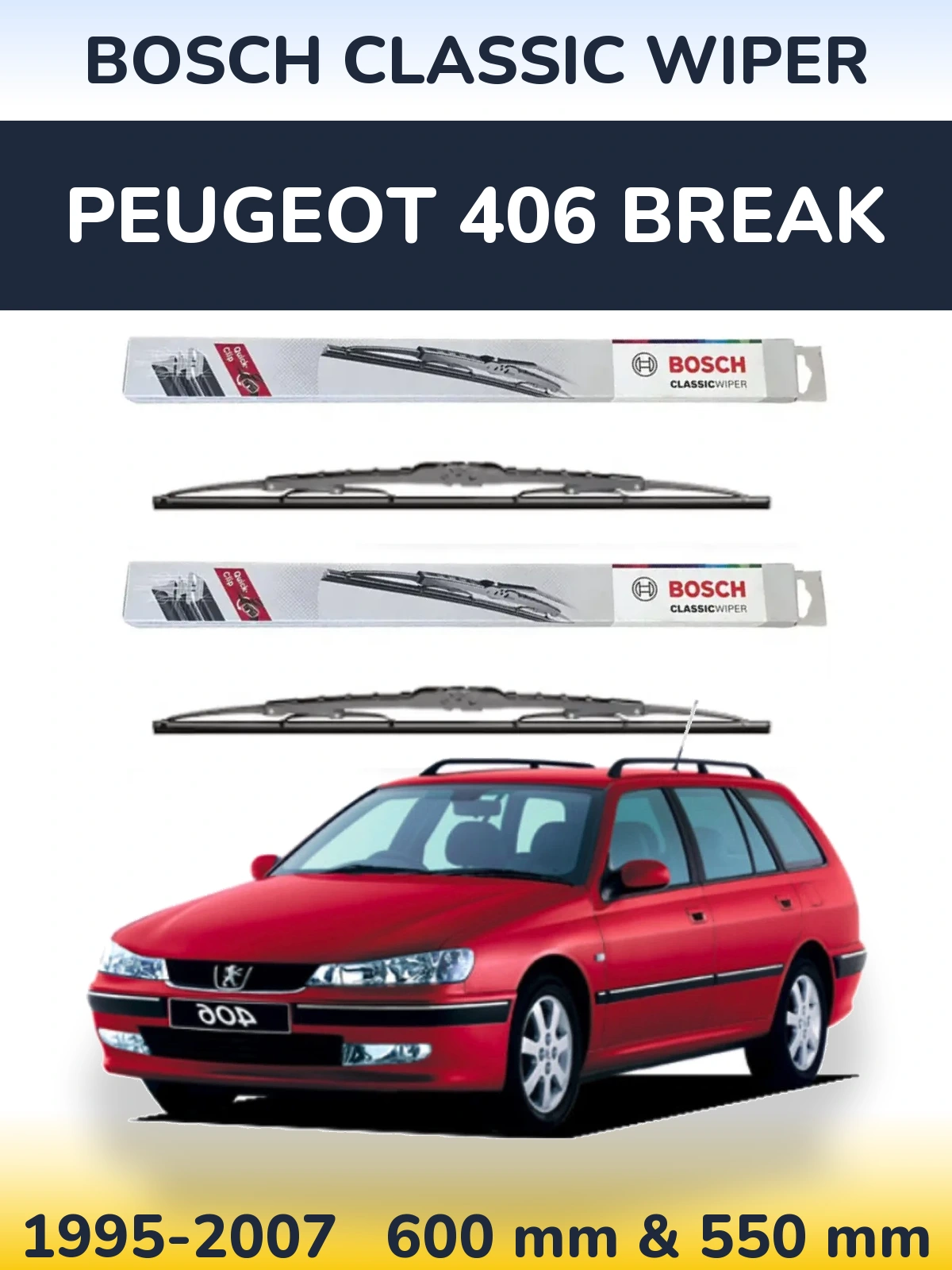 Komplet przednich wycieraczek BOSCH Classic Wiper 600 & 550 mm do Peugeot 406 Break 1995-2007